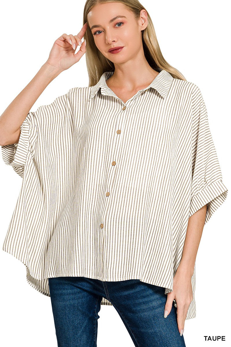 Zenana Woven Stripe Button Down Boxy Shirt | Rayon Blend
