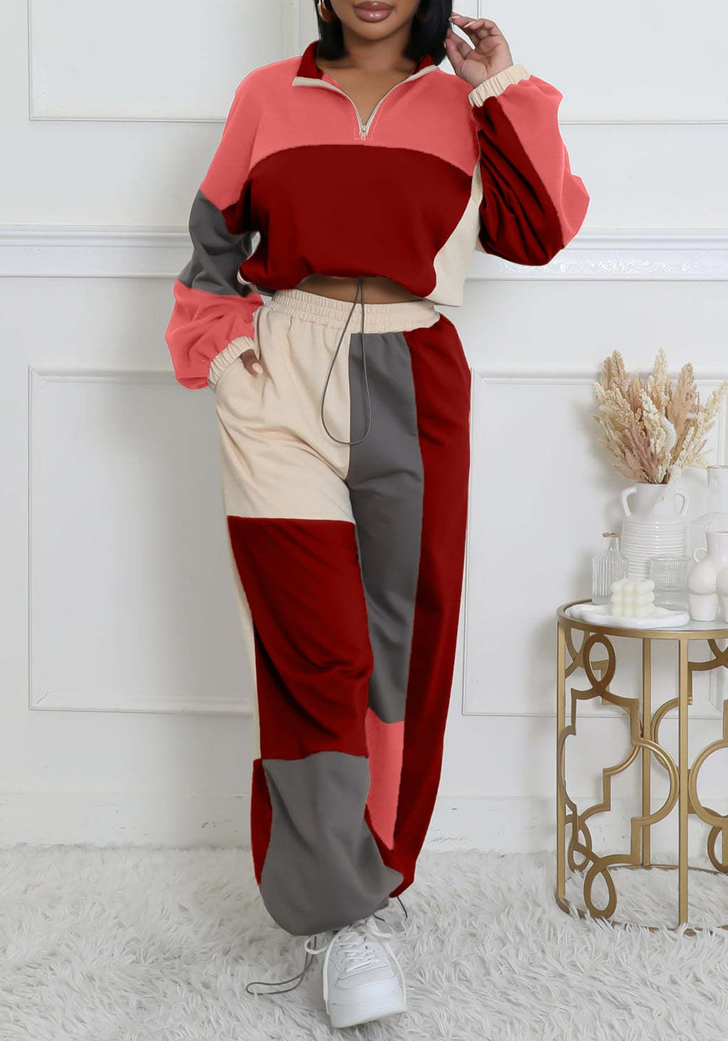 Tbahhir Women's 2 Piece Tracksuit Color Block Outfits Drastring Long Sleeve Crop Top and SweatPants Set Jogger Casual