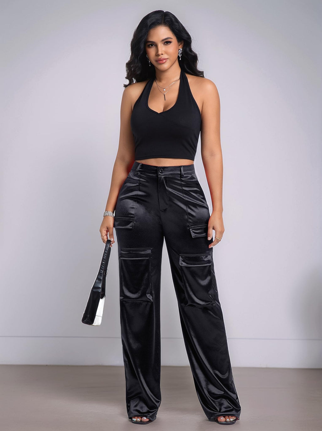 Aressdom Metallic Satin Cargo Pants for Women High Waisted Wide Leg Pants with Pockets, Dressy Going Out Concert Outfits