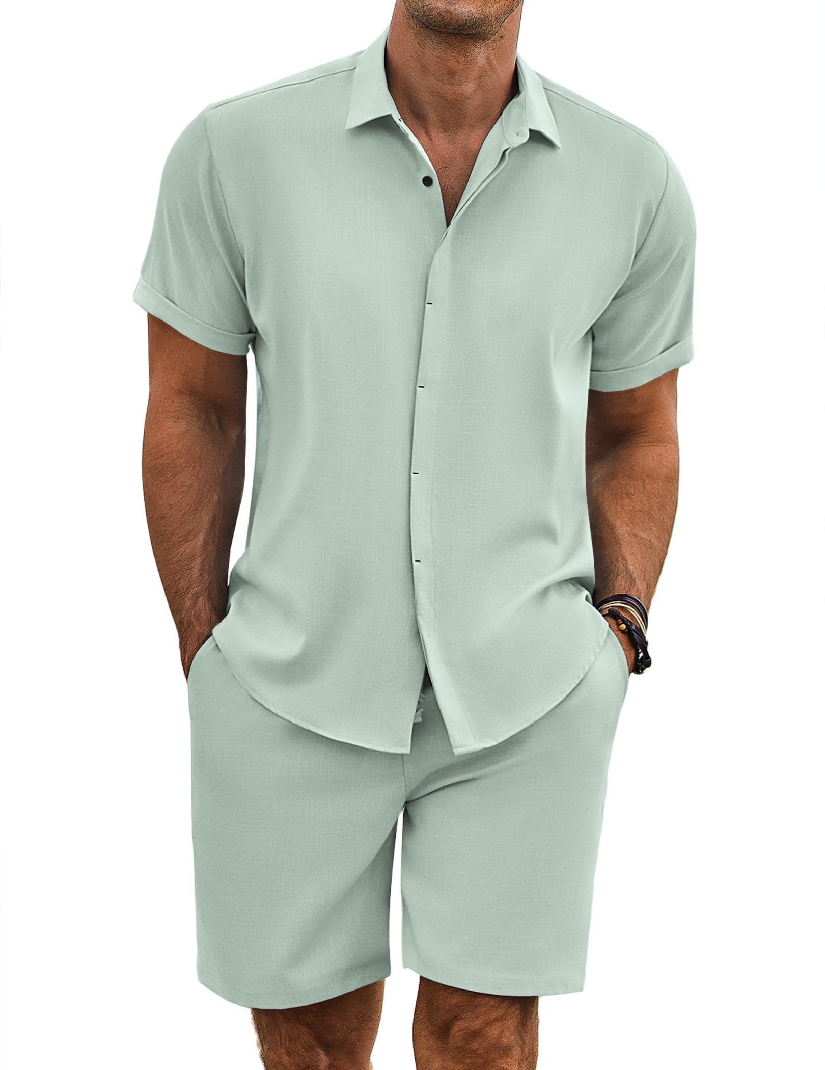 COOFANDY Men's Summer Beach Outfits 2 Piece Short Sleeve Shirts and Shorts Vacation Texture Linen Sets for Men