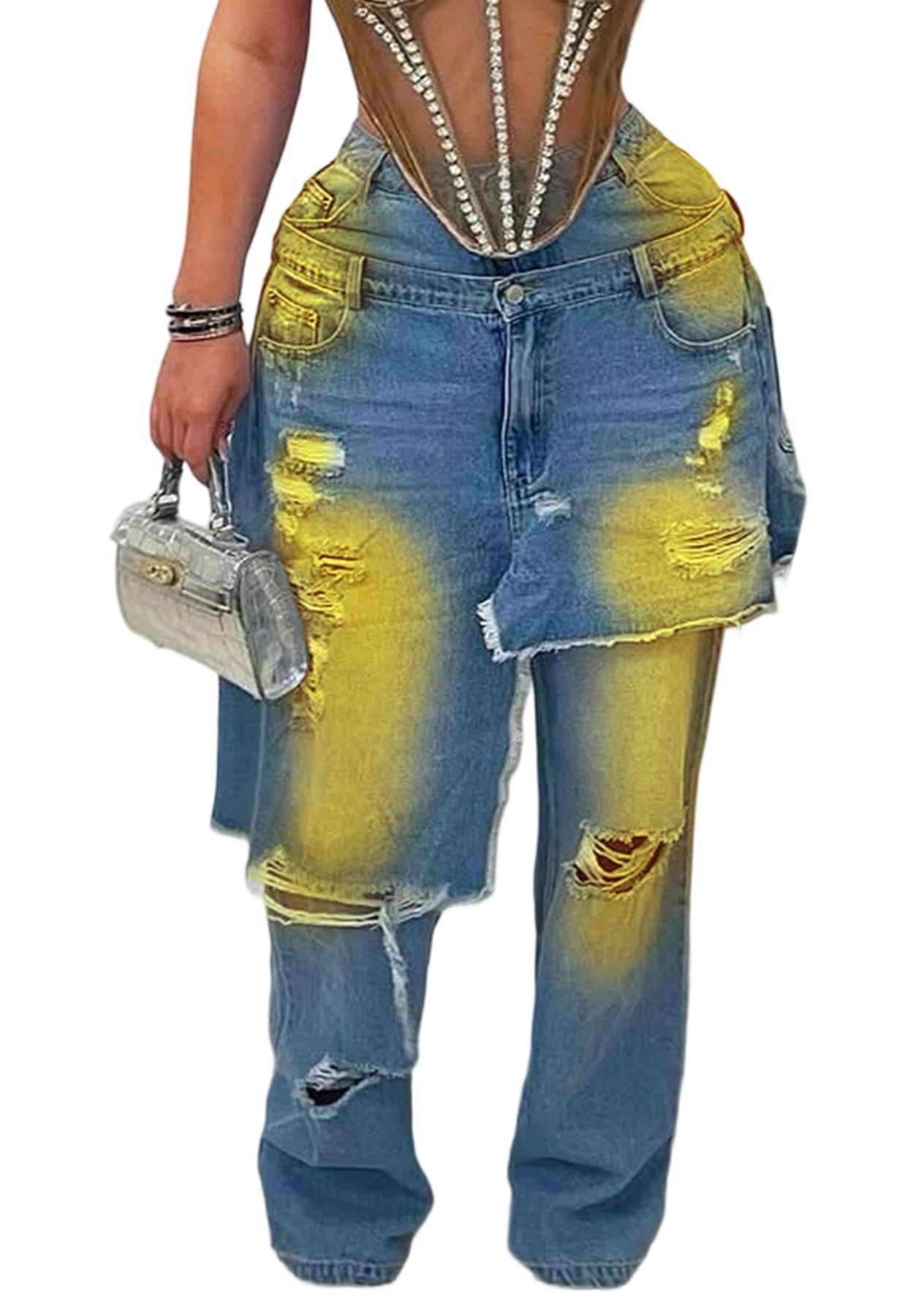 LKOUS Women's Ripped Baggy Jeans High Waist Wide Leg Patchwork Distressed Cutout Stretchy Denim Pants Streetwear