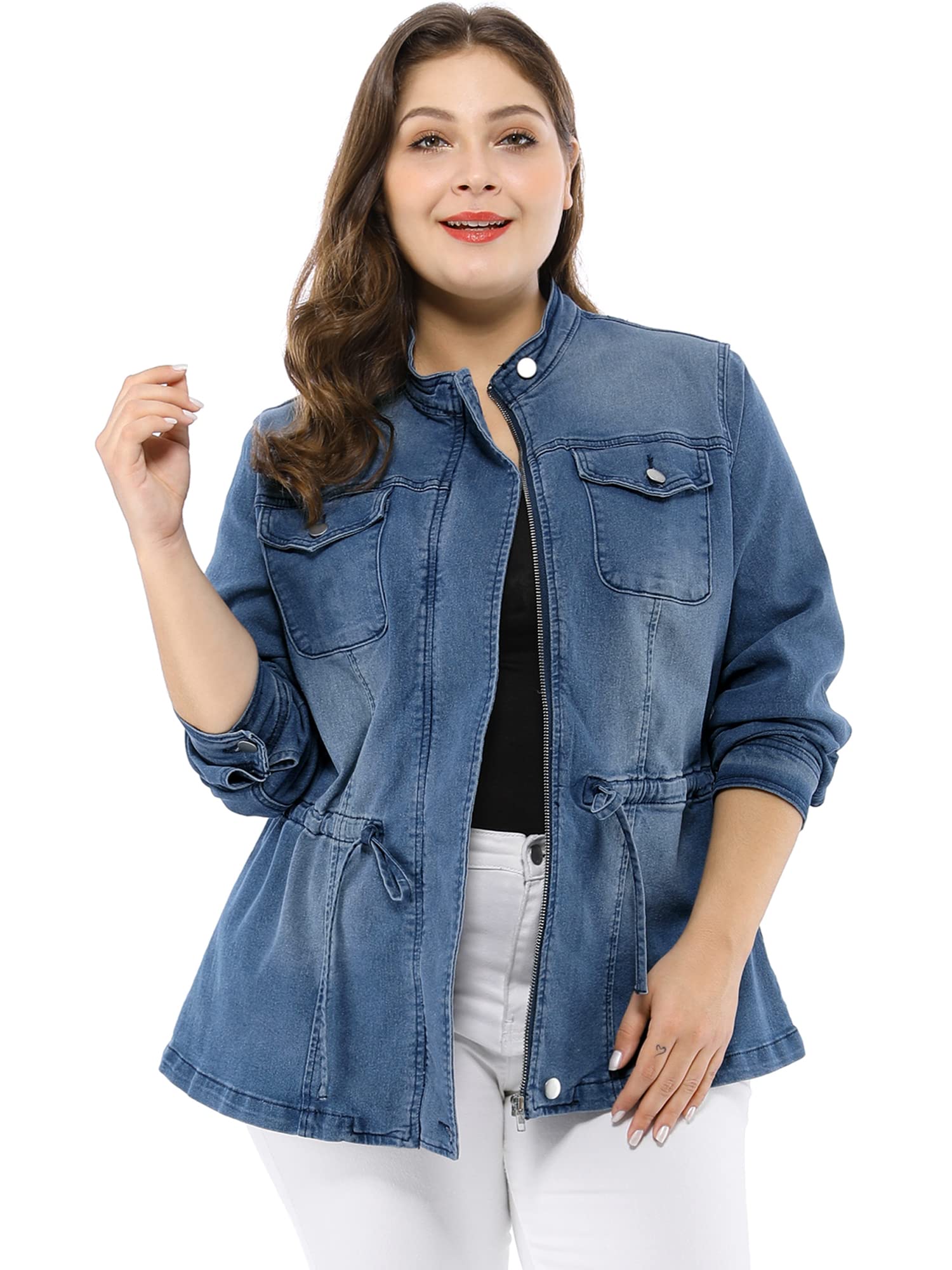 Agnes Orinda Women's Plus Size Denim Jacket Stretch Stand Collar Zip Drawstring Jean Jackets 2024