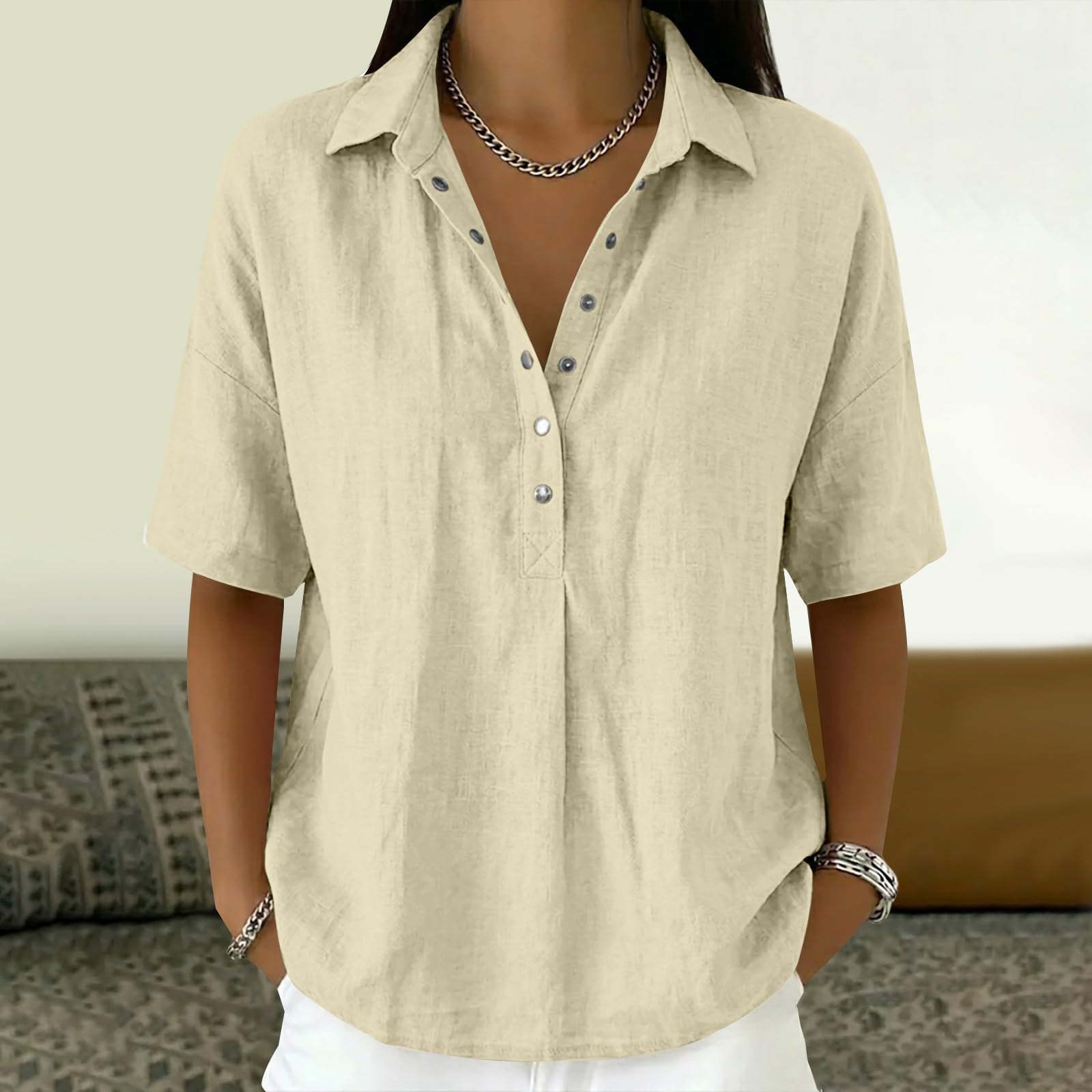 Linen Tops for Women Breathable Gauze Shirts Cotton Button Down Summer Elbow Length Blouses Dressy Casual Clothes