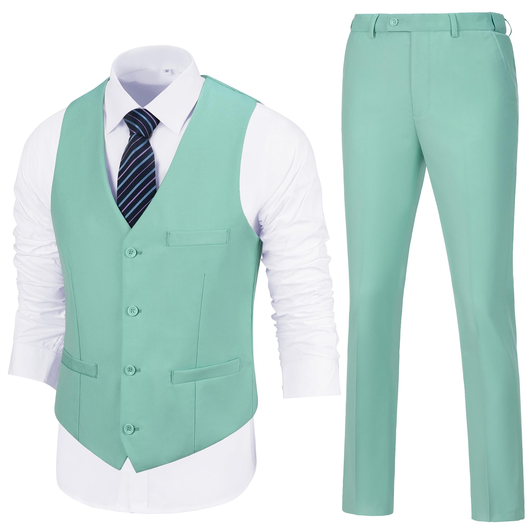 Mens Slim Fit 2 Piece Suit Set V-Neck Solid Dress Suit Vest Pants Wedding Prom Tuxedo for Men