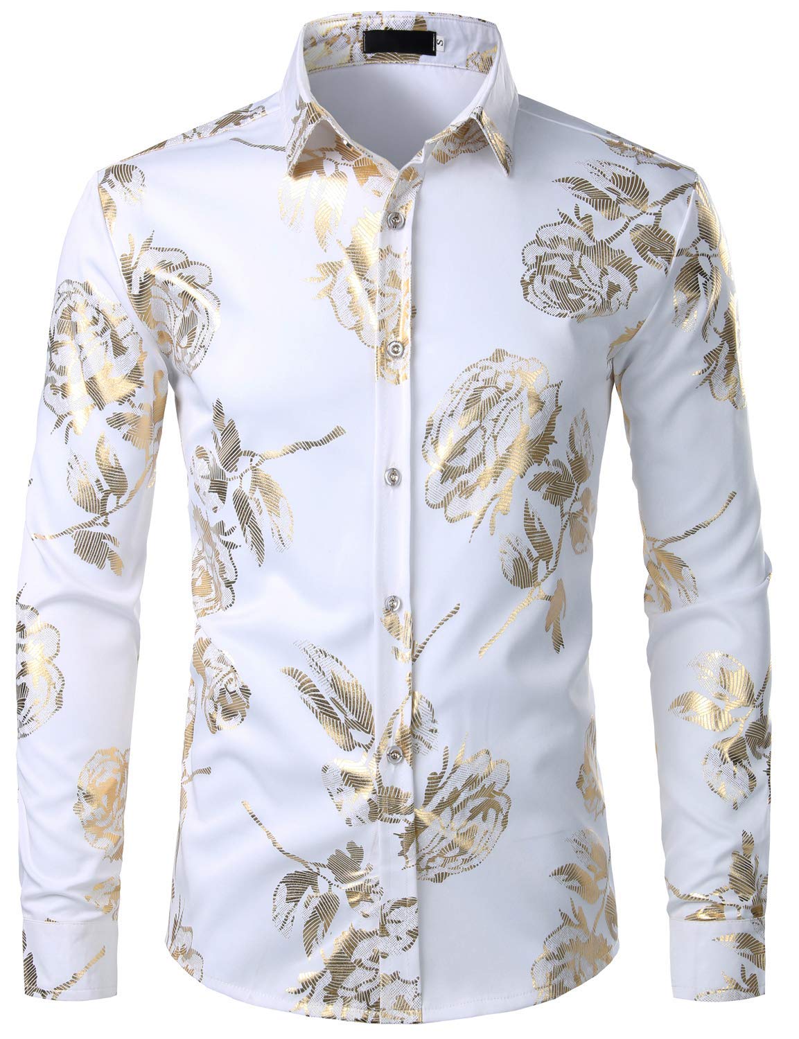 ZEROYAA Mens Hipster Rose Printed Slim Fit Long Sleeve Dress Shirts Prom Performing Shirts