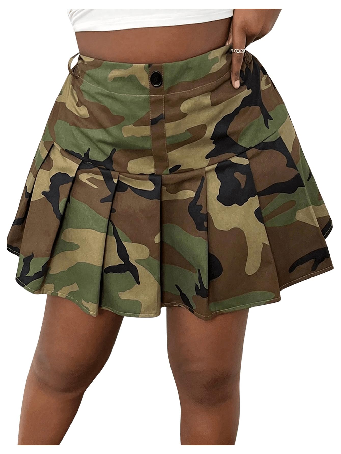 SOLY HUX Women's Plus Size Skirt Camo Print High Waisted Pleated A Line Fall Fashion Short Skirts