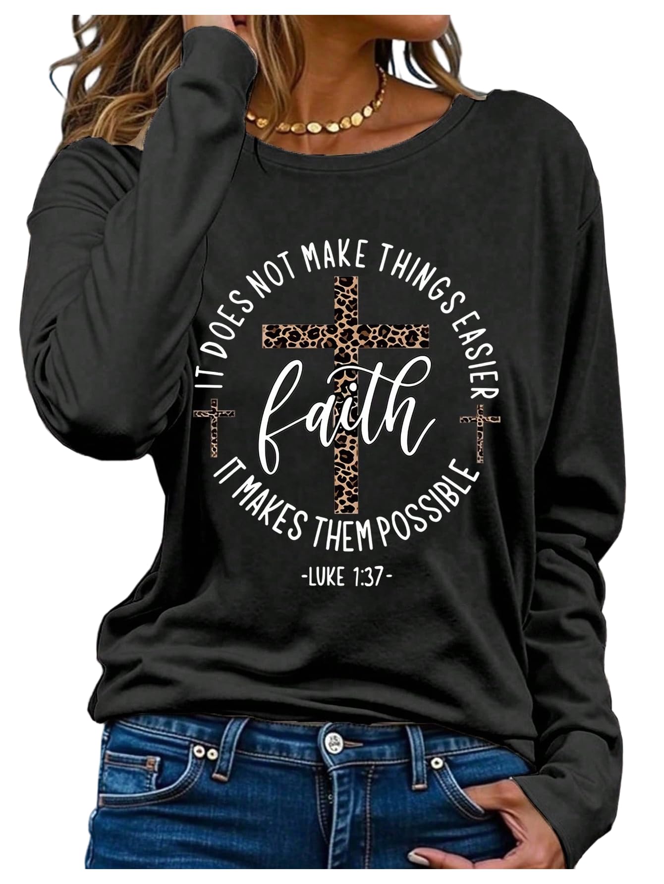 SweatyRocks Women's Plus Size Graphic Long Sleeve T Shirts Casual Crew Neck Faith Printed Tees