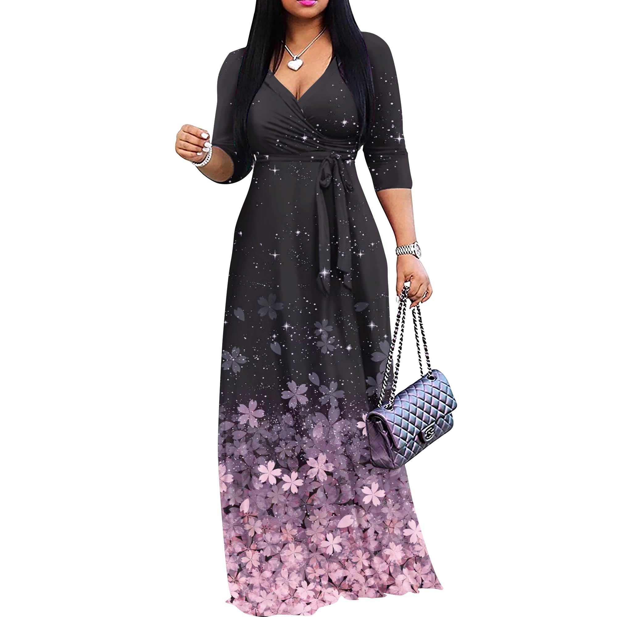 FANDEE Plus Size Maxi Dress for Women Casual Summer Sundress V-Neck 3/4 Sleeve