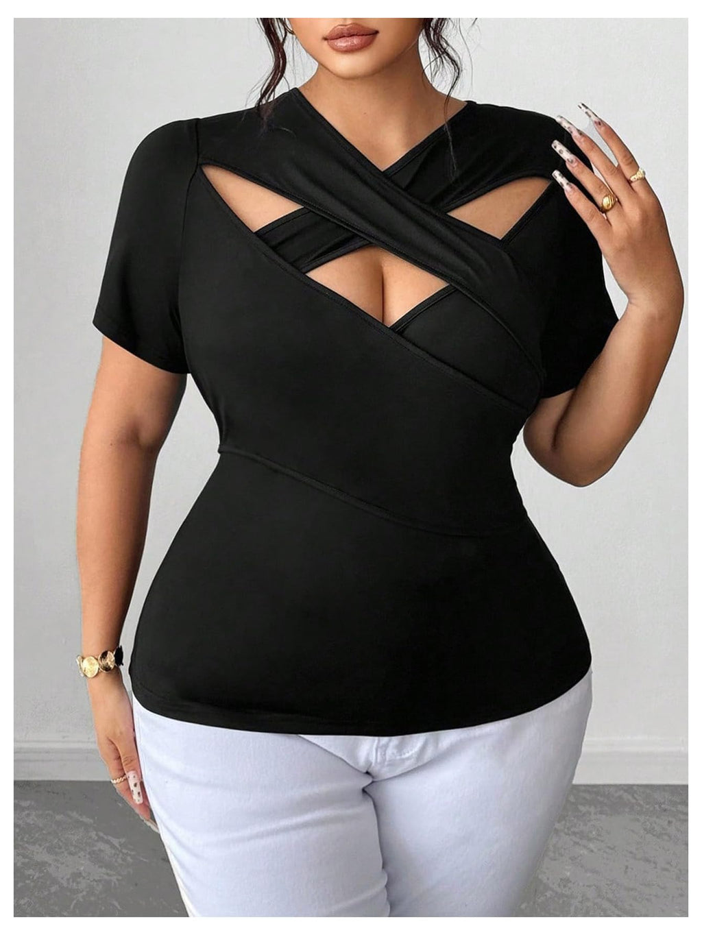 SweatyRocks Women's Plus Size Cut Out Fitted Wrap Tops Short Sleeve Criss Cross T Shirts