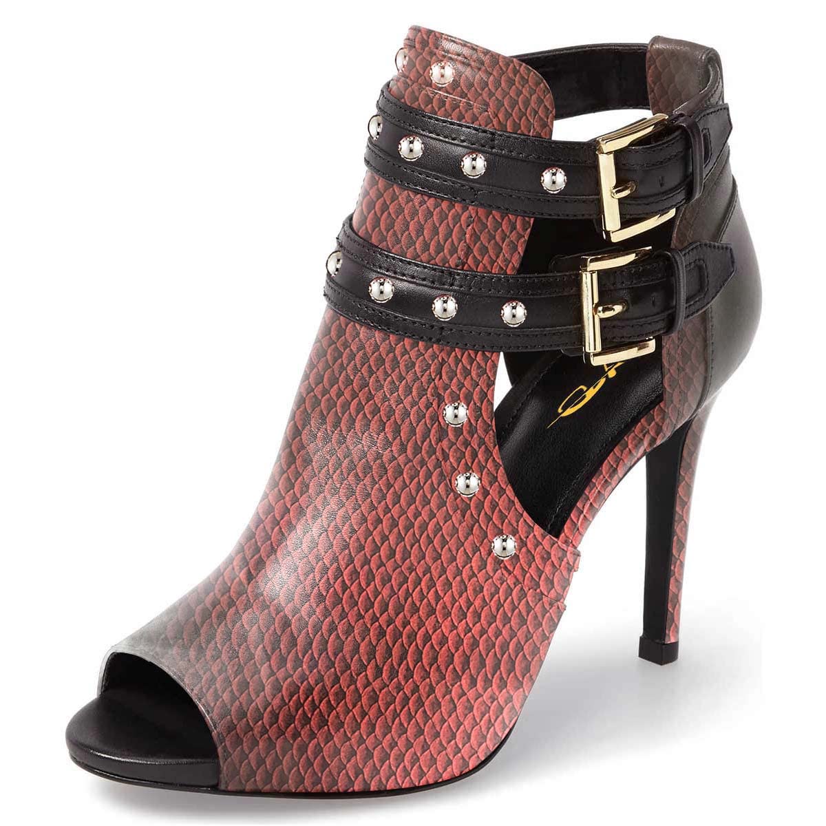 XYD Women Chic Studs Peep Toe Ankle Bootie High Heel Pumps Buckled Double Straps Cutout Fashion Party Shoes