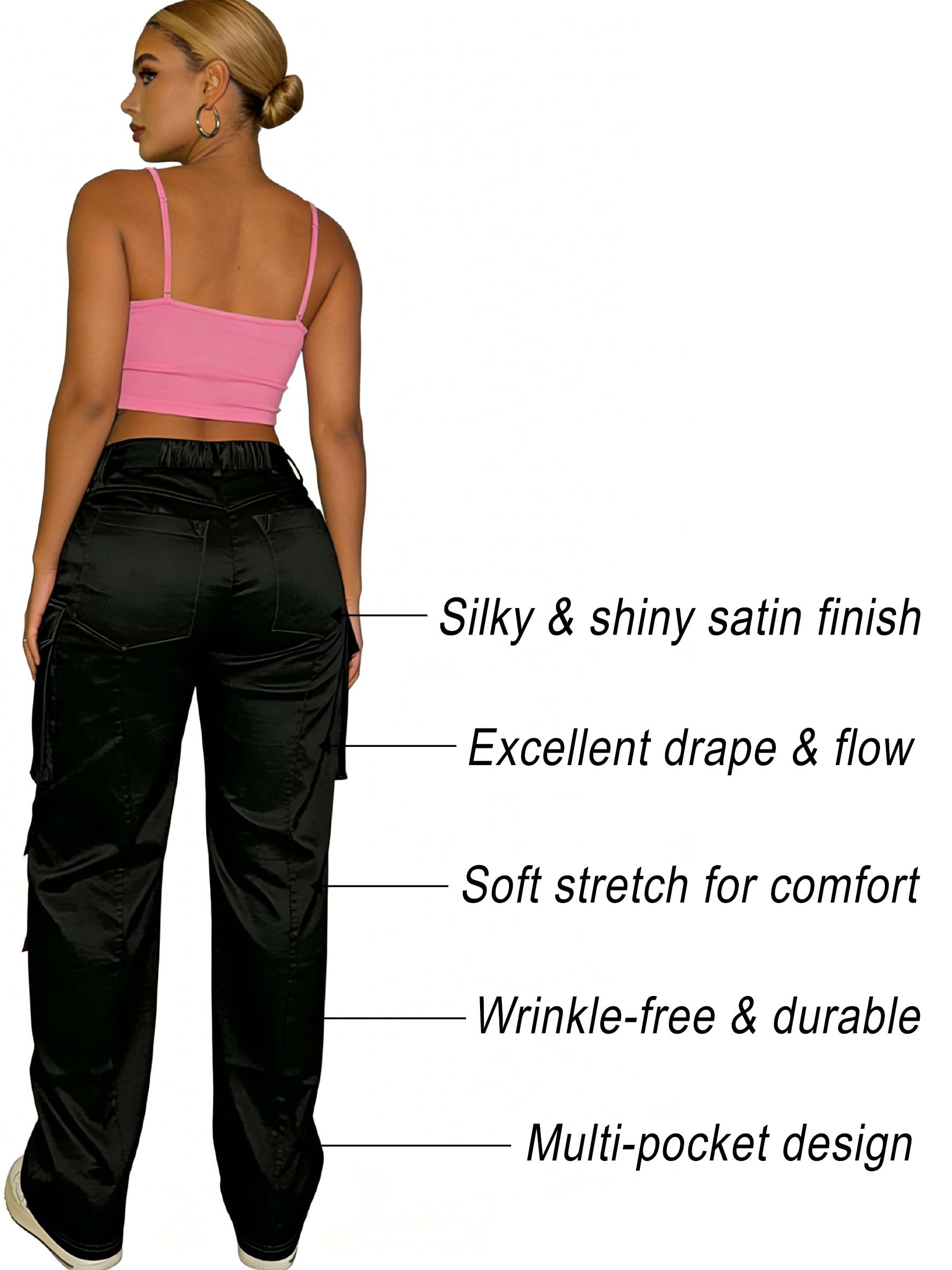 AOPCYIU Women’s Plus Size Satin Cargo Pants High Waisted Wide Leg Pants with Pockets Y2K Streetwear