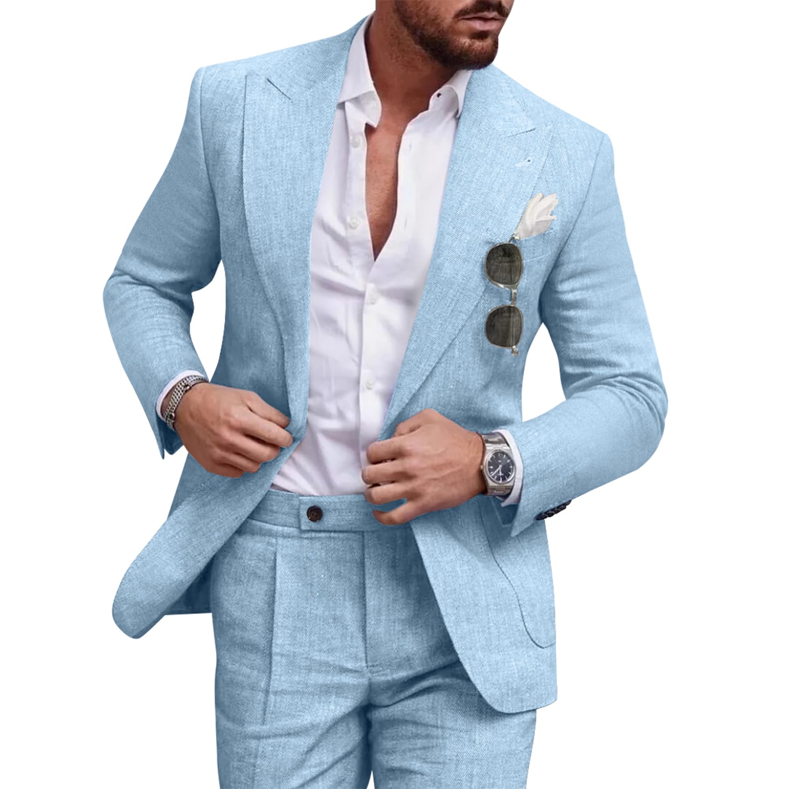 Diaryan Linen Men Suit Set Casual Tuxedo 2 Piece Regular Fit Blazer One Button Solid Jacket and Pants for Prom Wedding Party