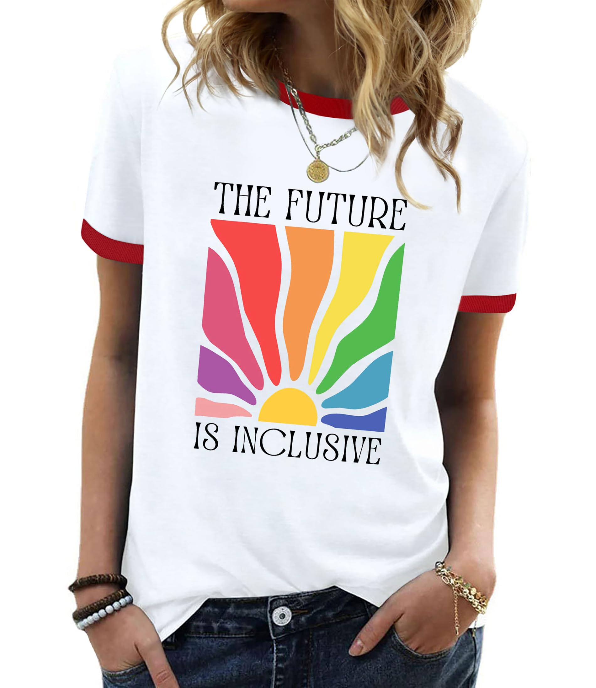 YZMI Pride Shirts for Women Pride Month Rainbow Graphic T-Shirt LGBTQ Support Red Ringer Tee