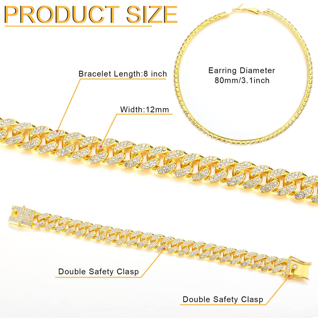 Batiyeer 3 Pcs Cuban Link Chain Necklace Bracelet Rhinestone Hoop Earrings Bling Crystal Hip Hop Jewelry for Women