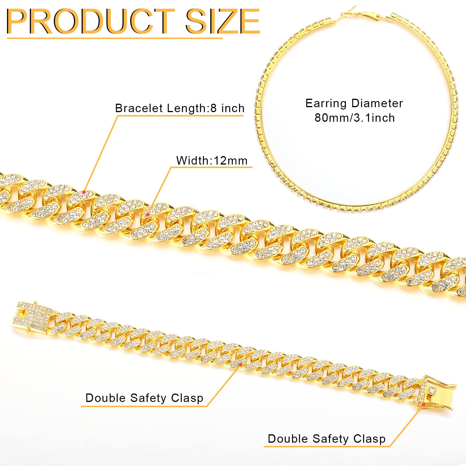 Batiyeer 3 Pcs Cuban Link Chain Necklace Bracelet Rhinestone Hoop Earrings Bling Crystal Hip Hop Jewelry for Women