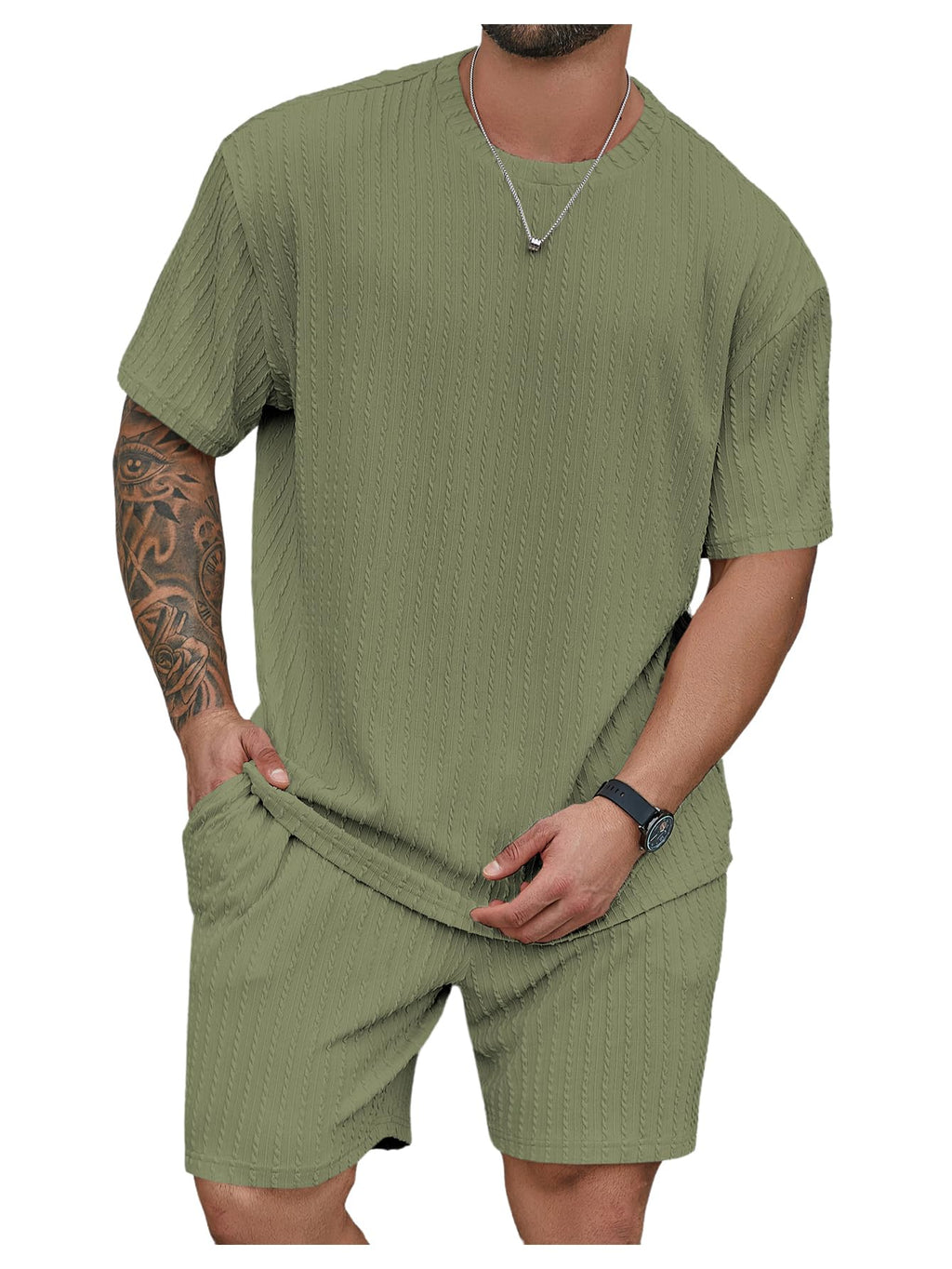 RoseSeek Men's Big and Tall 2 Piece Summer Outfits Textured Drop Shoulder T Shirt and Short Sets Tracksuit