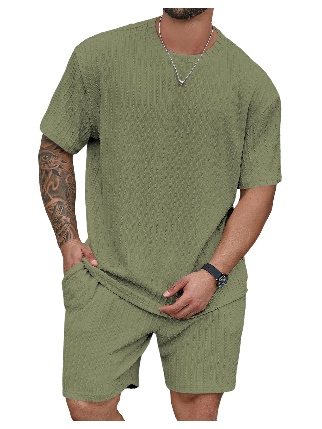 RoseSeek Men's Big and Tall 2 Piece Summer Outfits Textured Drop Shoulder T Shirt and Short Sets Tracksuit