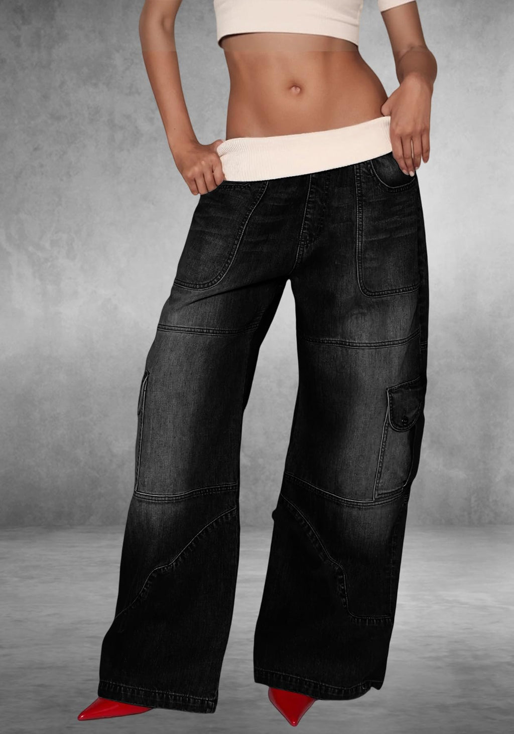 Unybwonn Women Baggy Cargo Jeans High Waist Patchwork Trendy Vintage Denim Pants Wide Leg Distressed Jeans with Pockets