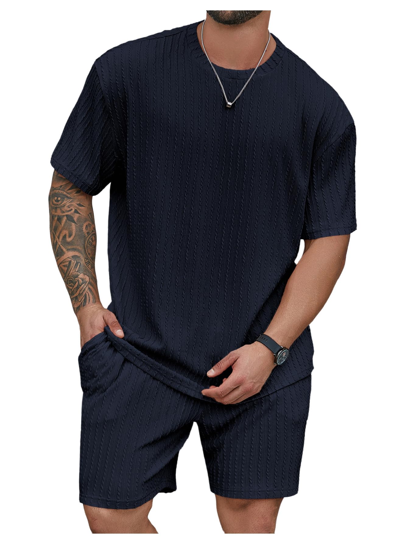RoseSeek Men's Big and Tall 2 Piece Summer Outfits Textured Drop Shoulder T Shirt and Short Sets Tracksuit