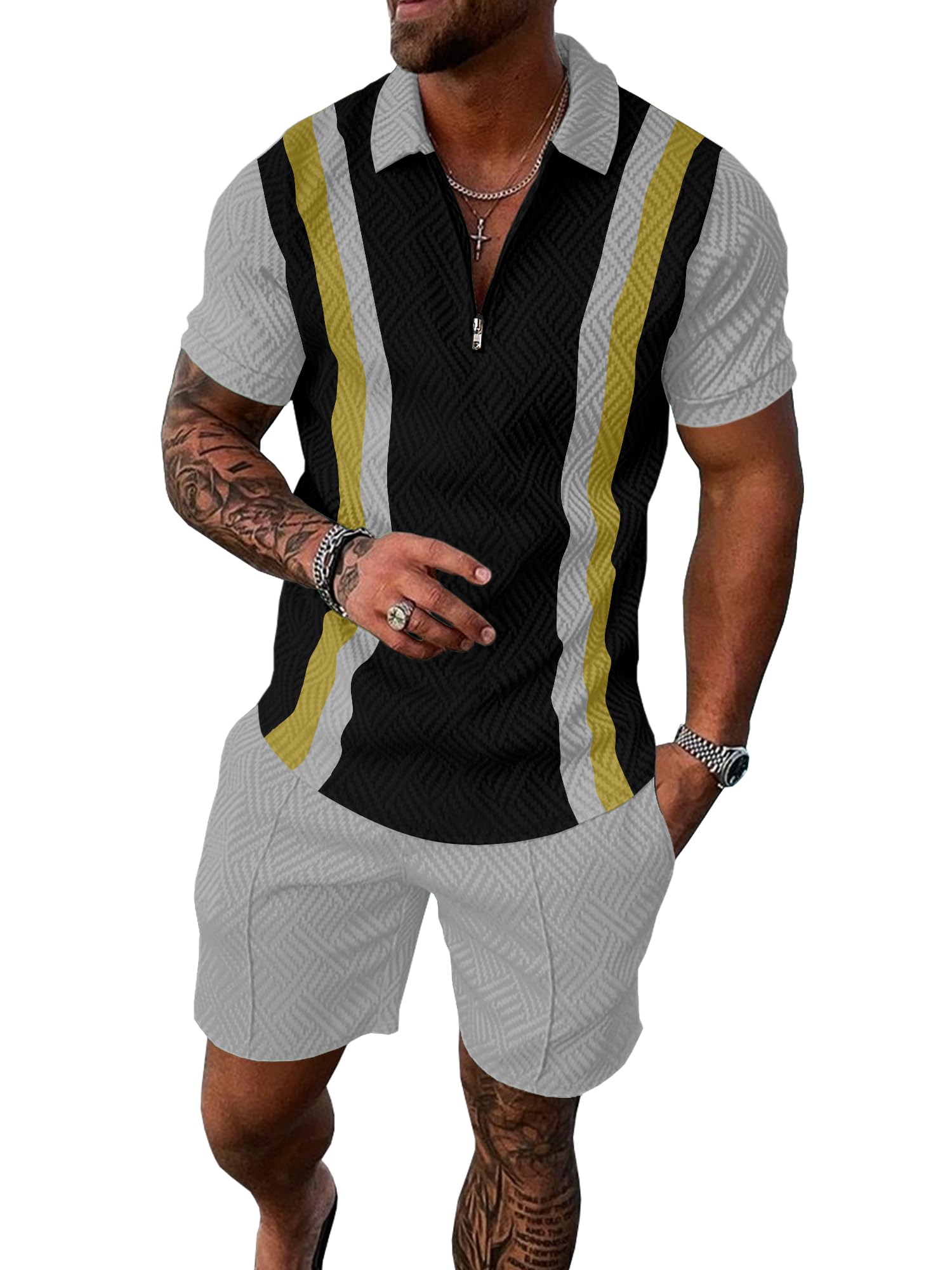 UOUA Mens Summer Track Suits 2 Piece Shorts Sets Short Sleeve Sweatsuit Outfits 1/4 Zip Golf Polo Splicing Striped Shirts