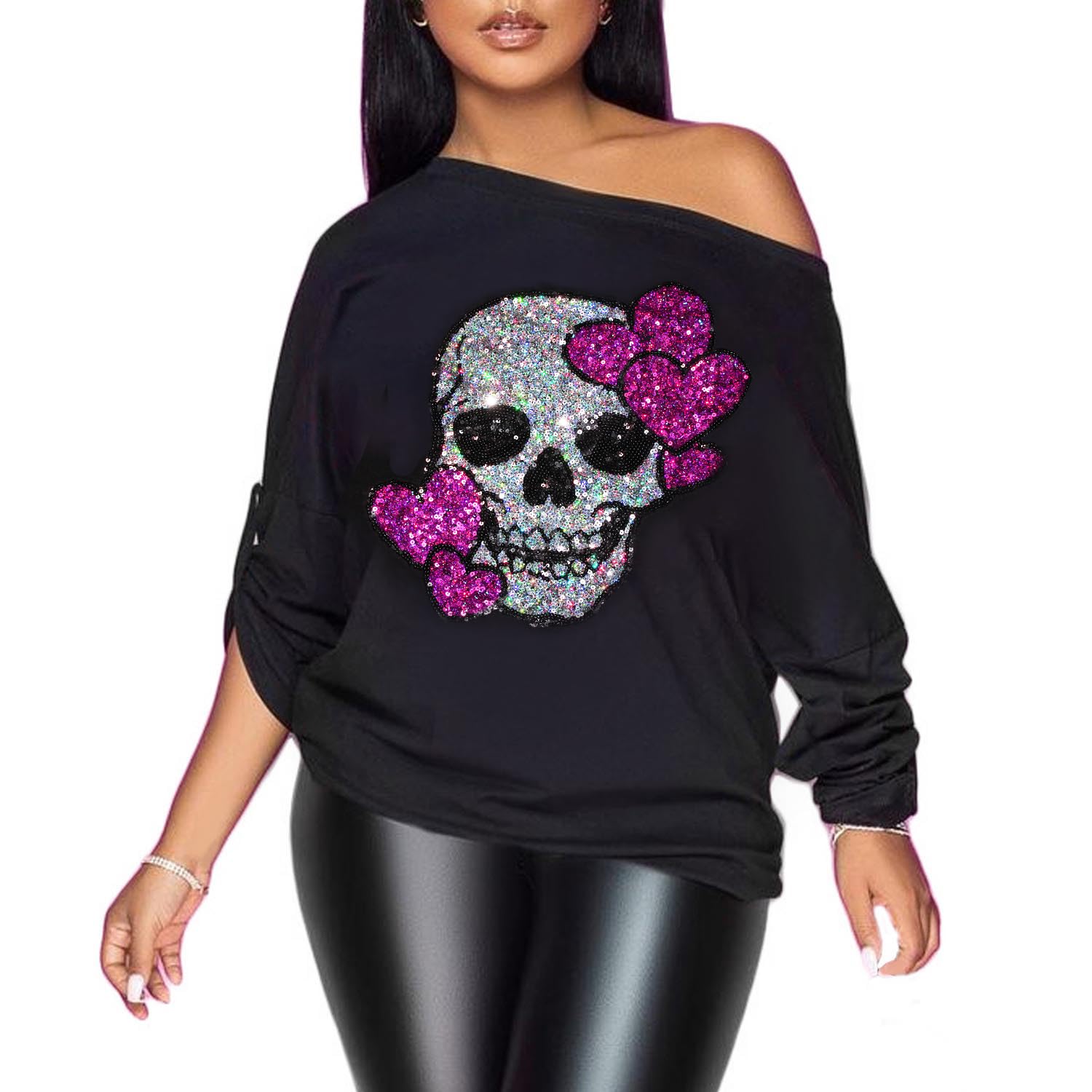 PESION Womens Off The Shoulder Tops Sexy Shiny Metallic Shirts Long Sleeves Fashion Graphic T-Shirts Blouses