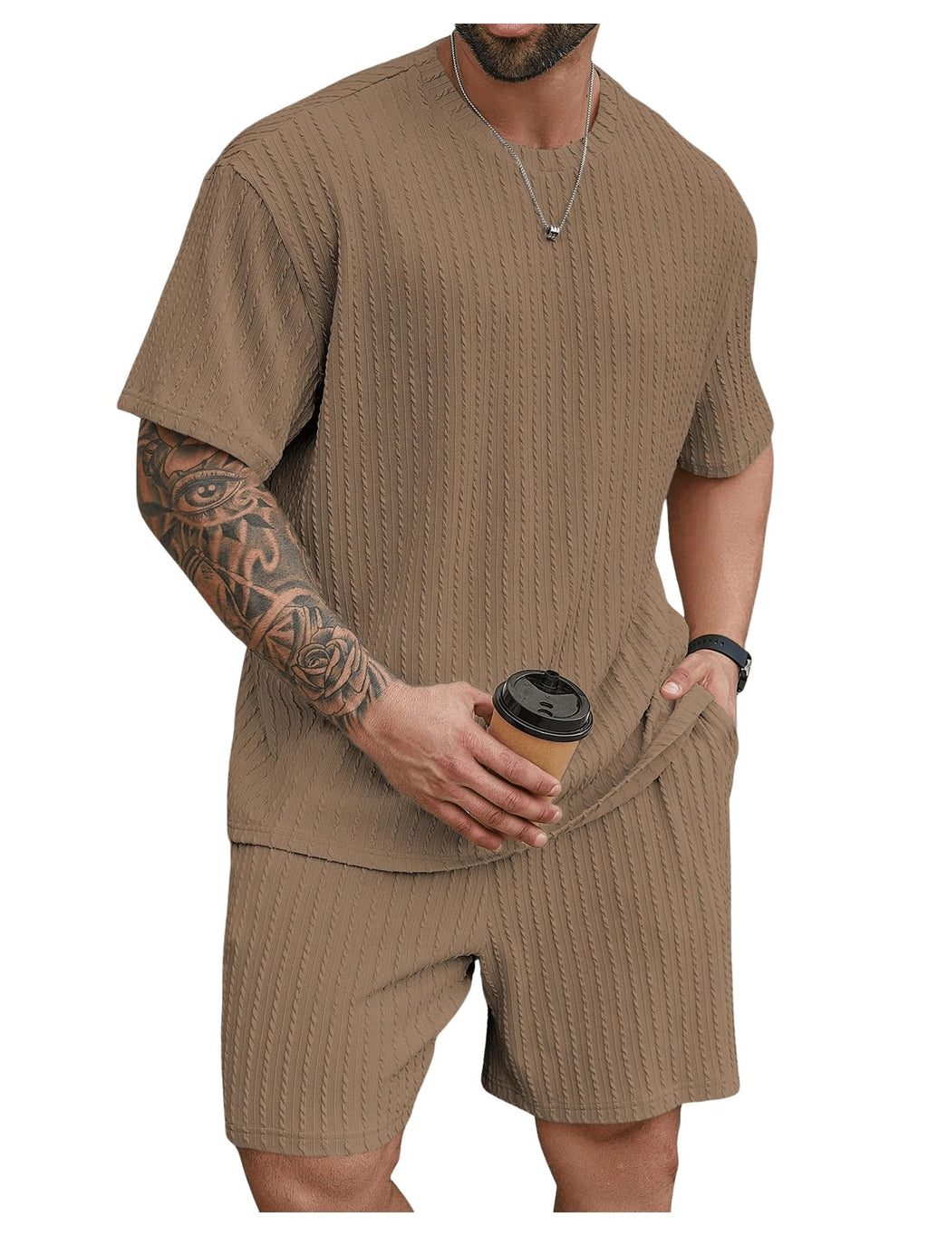 RoseSeek Men's Big and Tall 2 Piece Summer Outfits Textured Drop Shoulder T Shirt and Short Sets Tracksuit