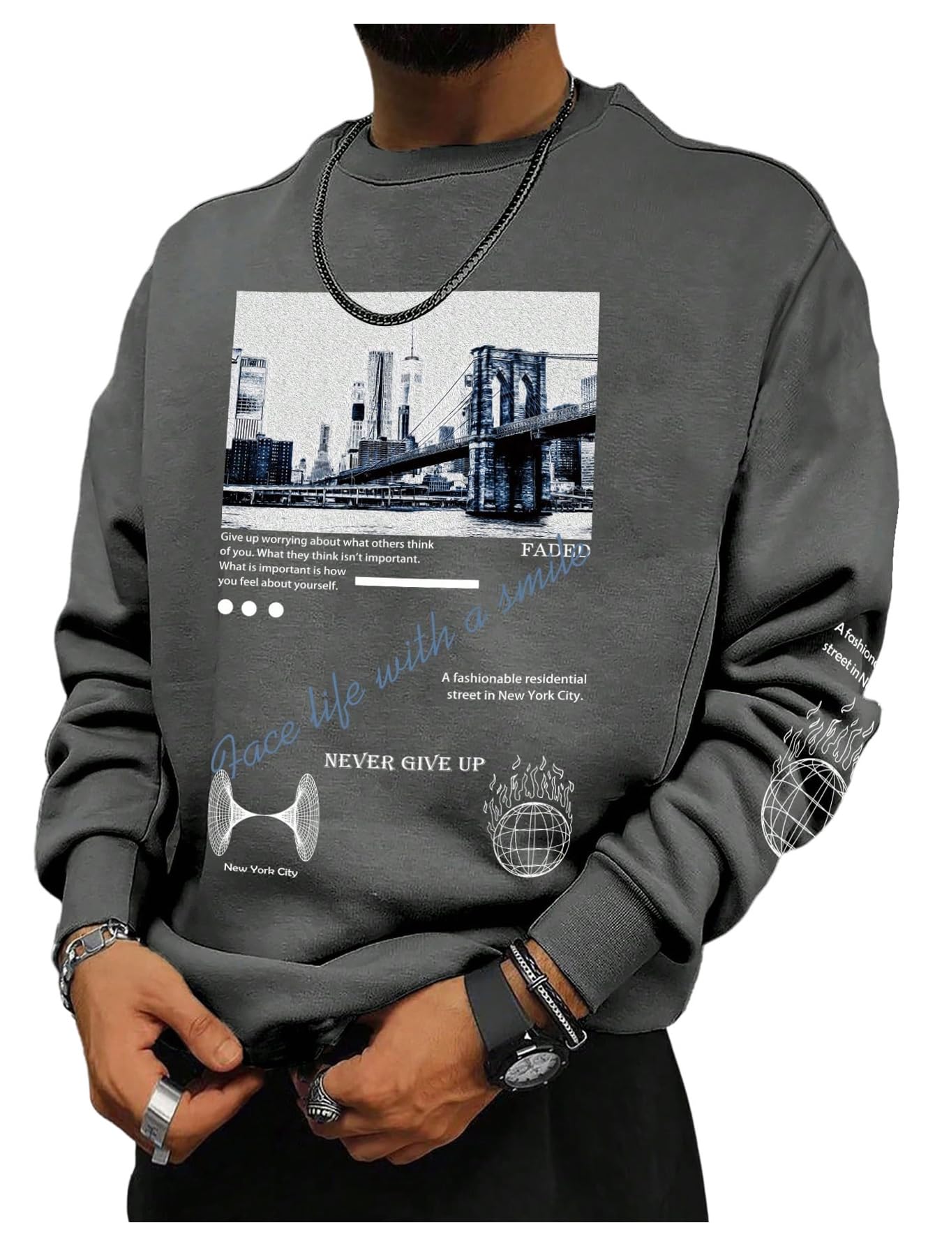 SOLY HUX Sweatshirts for Men Letter Graphic Crew Neck Long Sleeve Drop Shoulder Pullover Top