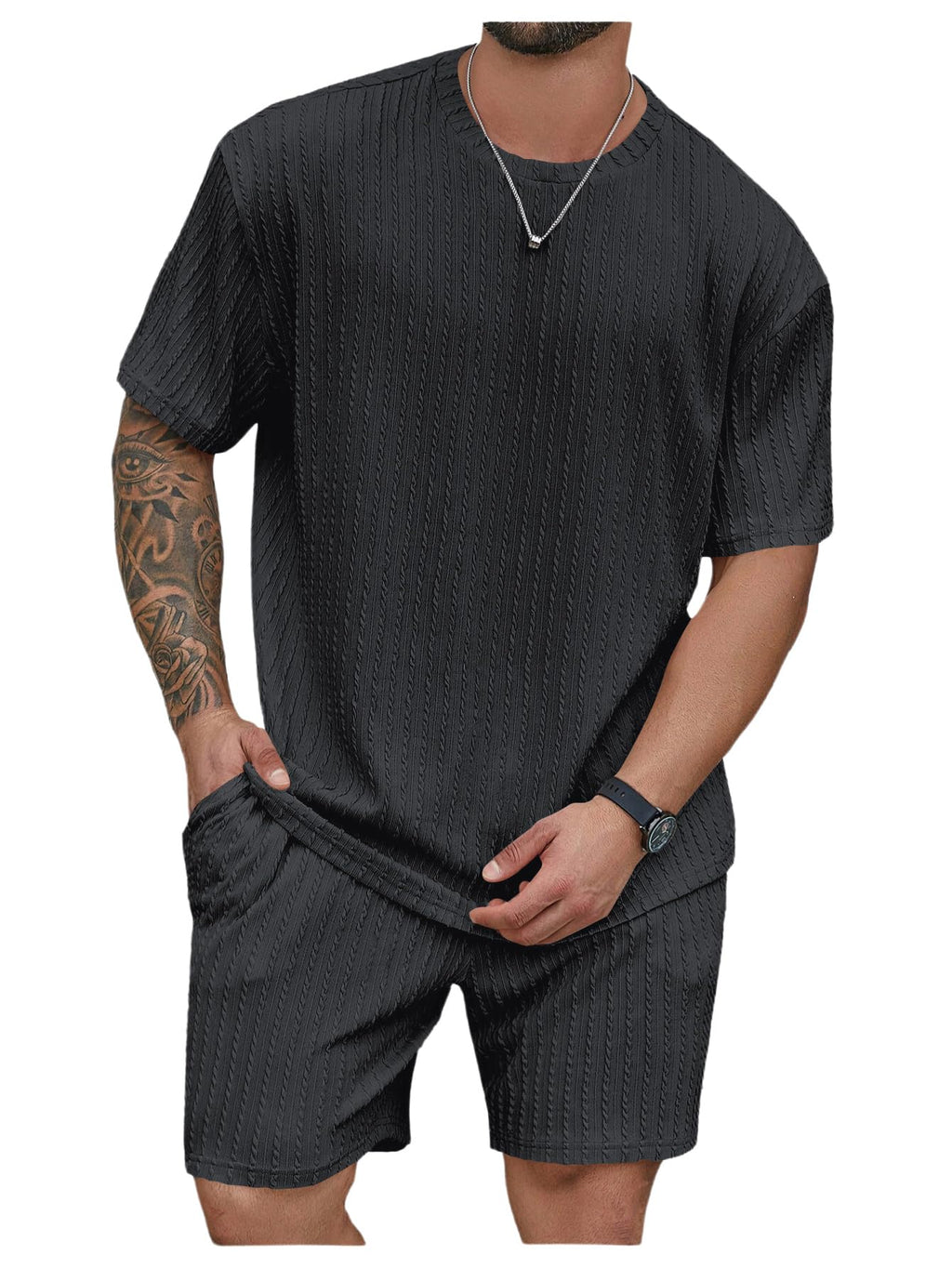 RoseSeek Men's Big and Tall 2 Piece Summer Outfits Textured Drop Shoulder T Shirt and Short Sets Tracksuit