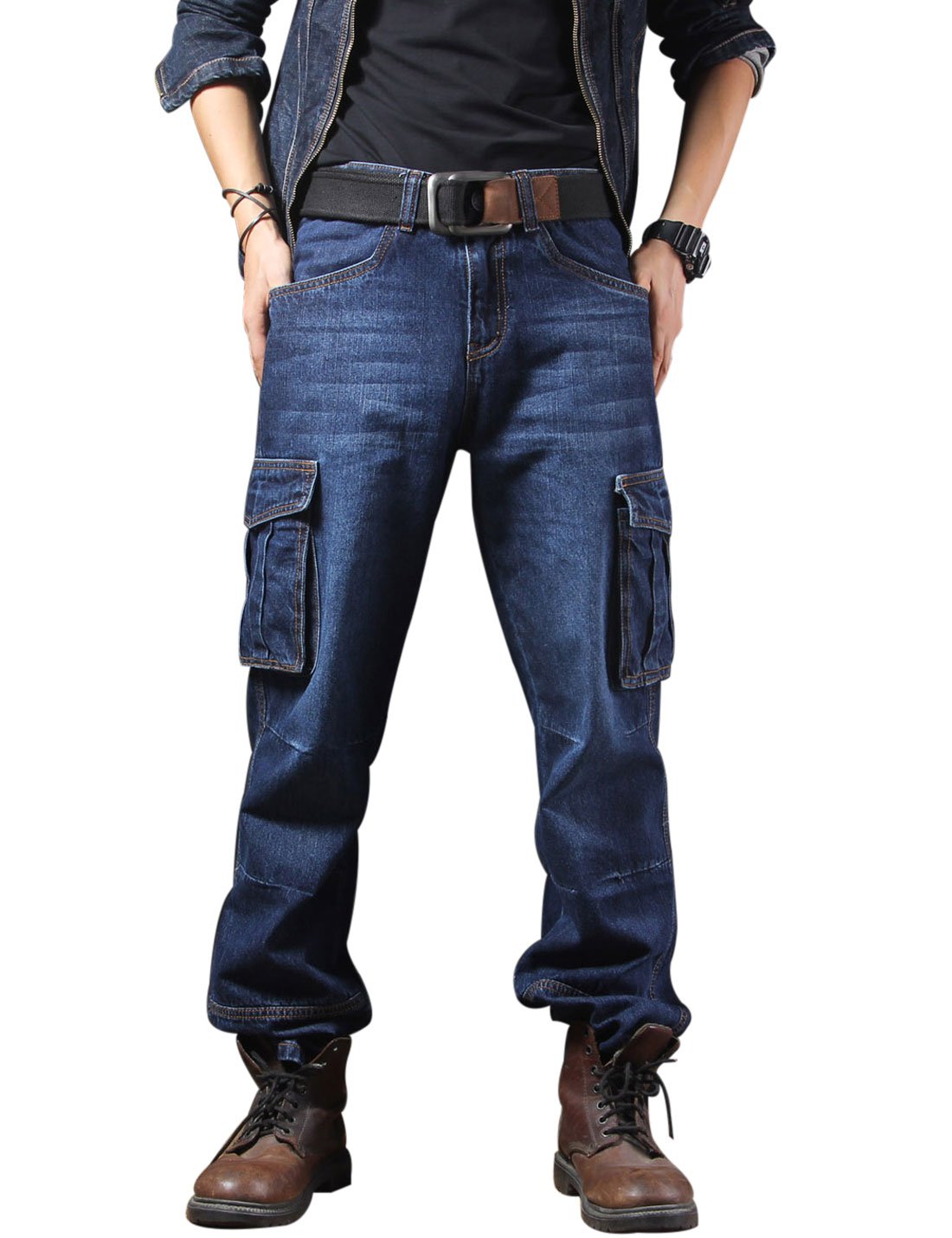 Yeokou Men's Casual Loose Hip Hop Denim Work Pants Jeans with Cargo Pockets
