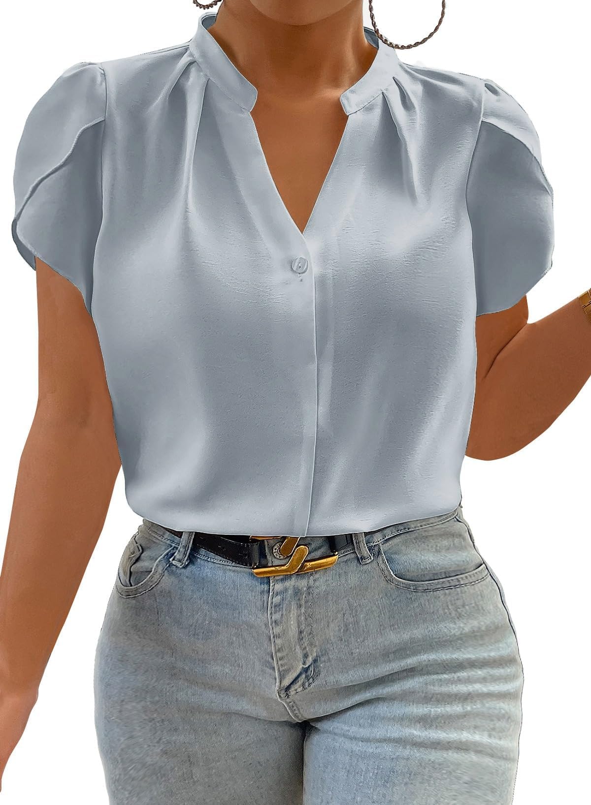Eytino Women Plus Size Shirts Summer V Neck Petal Sleeve Business Work Dressy Blouse Tops(1X-5X)