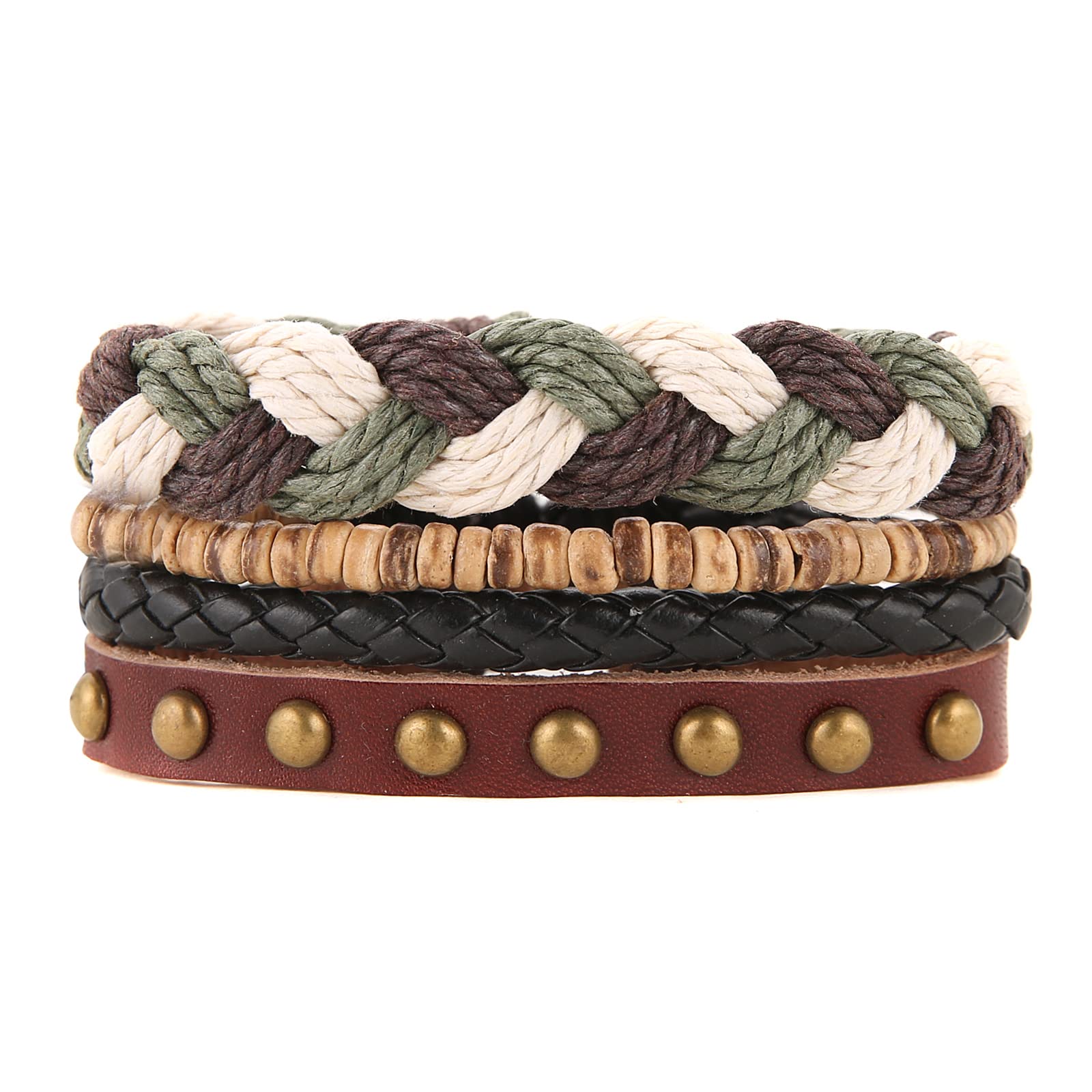 HZMAN Wrap Bracelets Men Women, Hemp Cords Wood Beads Ethnic Tribal Bracelets, Leather Wristbands