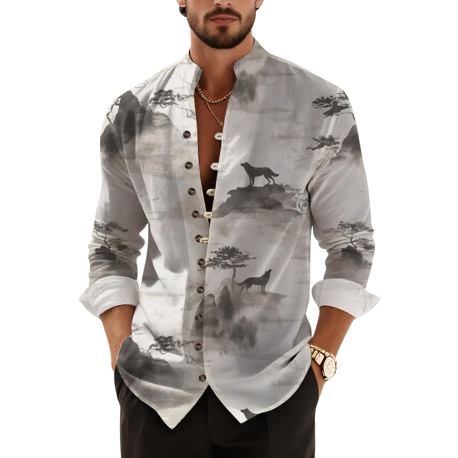 DMOYALA Men’s Hawaiian Button Down Shirts 2025 Fall Casual Long Sleeve Shirts Baggy Henley Neck Beach Vacation Outfits