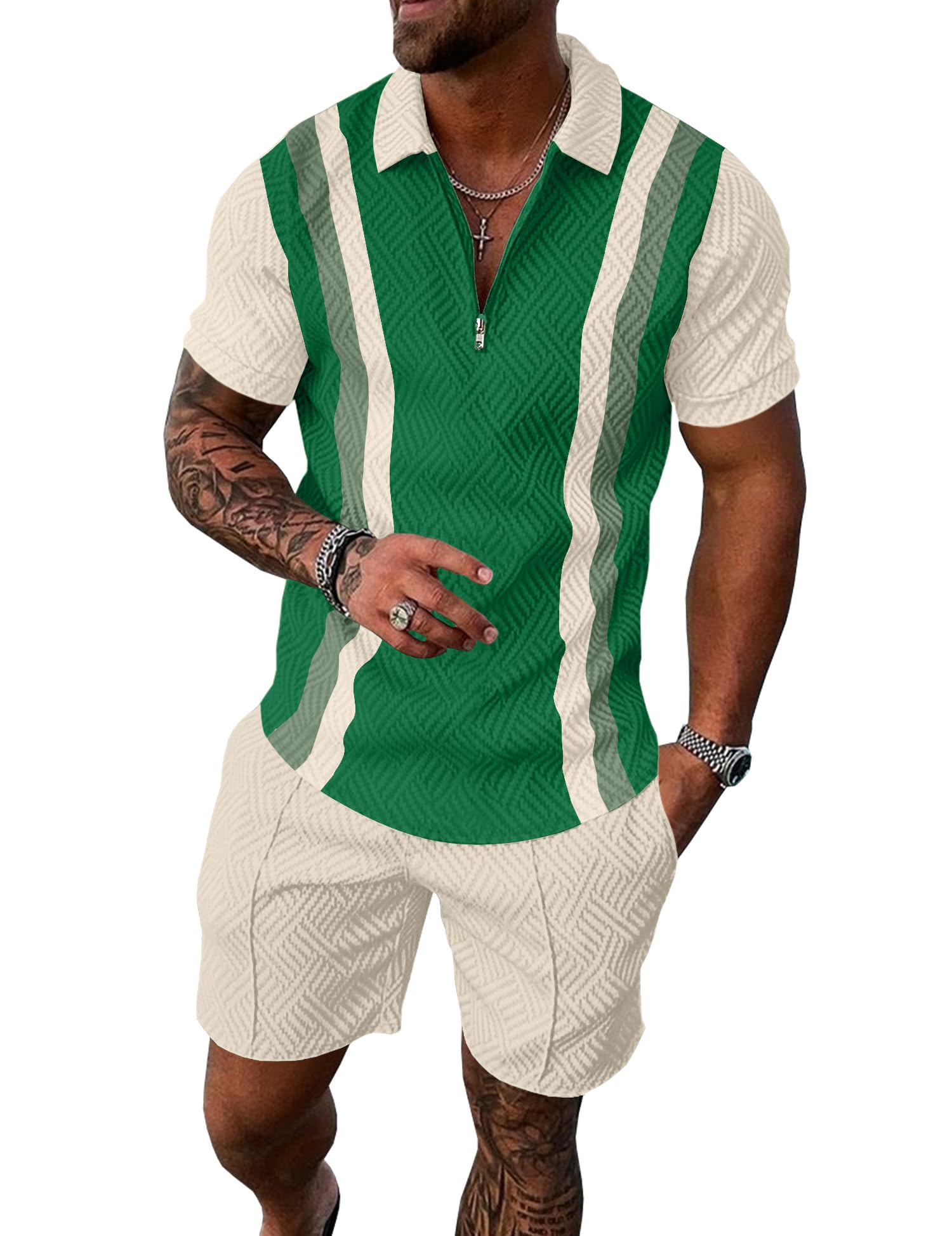 UOUA Mens Summer Track Suits 2 Piece Shorts Sets Short Sleeve Sweatsuit Outfits 1/4 Zip Golf Polo Splicing Striped Shirts