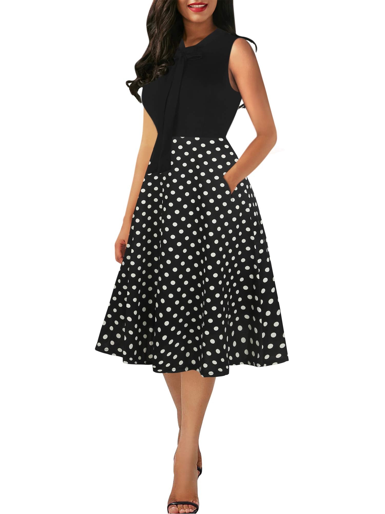 oxiuly Women's Vintage Bow Tie V-Neck Pockets Casual Work Party Cocktail Swing A-line Dresses OX278