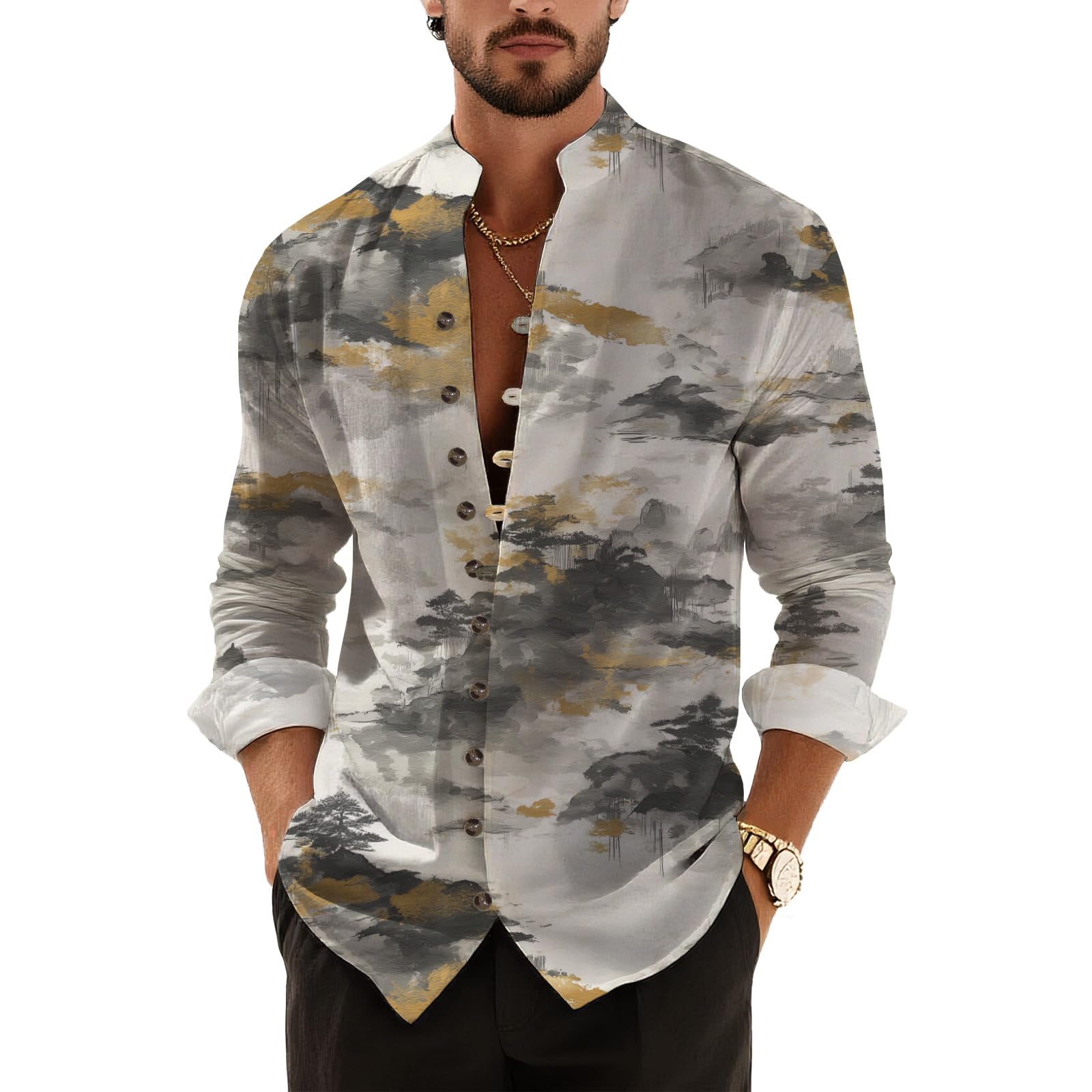 DMOYALA Men’s Hawaiian Button Down Shirts 2025 Fall Casual Long Sleeve Shirts Baggy Henley Neck Beach Vacation Outfits
