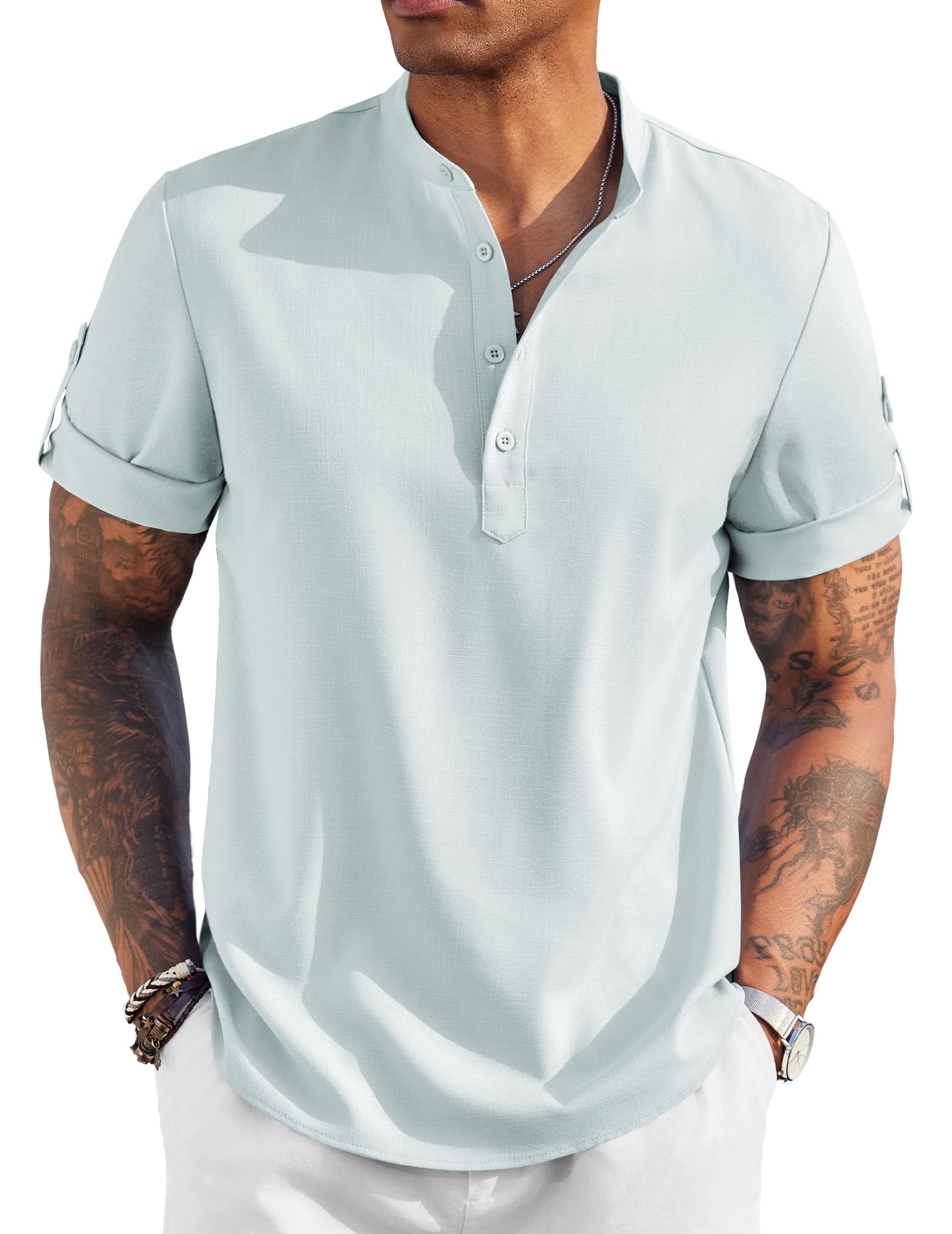 COOFANDY Men's Casual Henley Shirt Short Sleeve Band Collar Linen Shirt Summer Beach Hippie T-Shirts