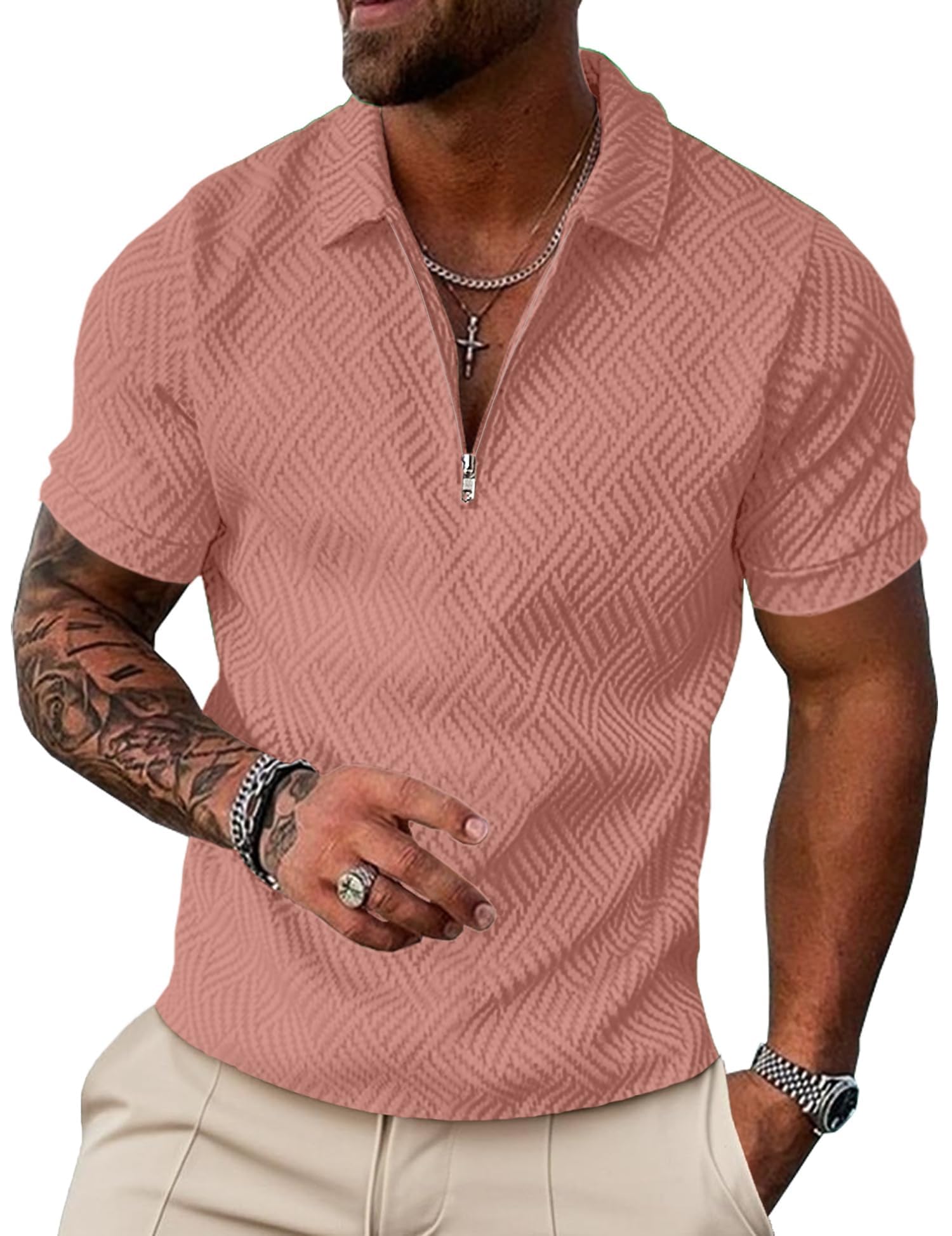 UOUA Men's Zipper Polo Shirts Short Sleeve Sweatshirts Soild Color Tops Striped Texture Casual Golf T