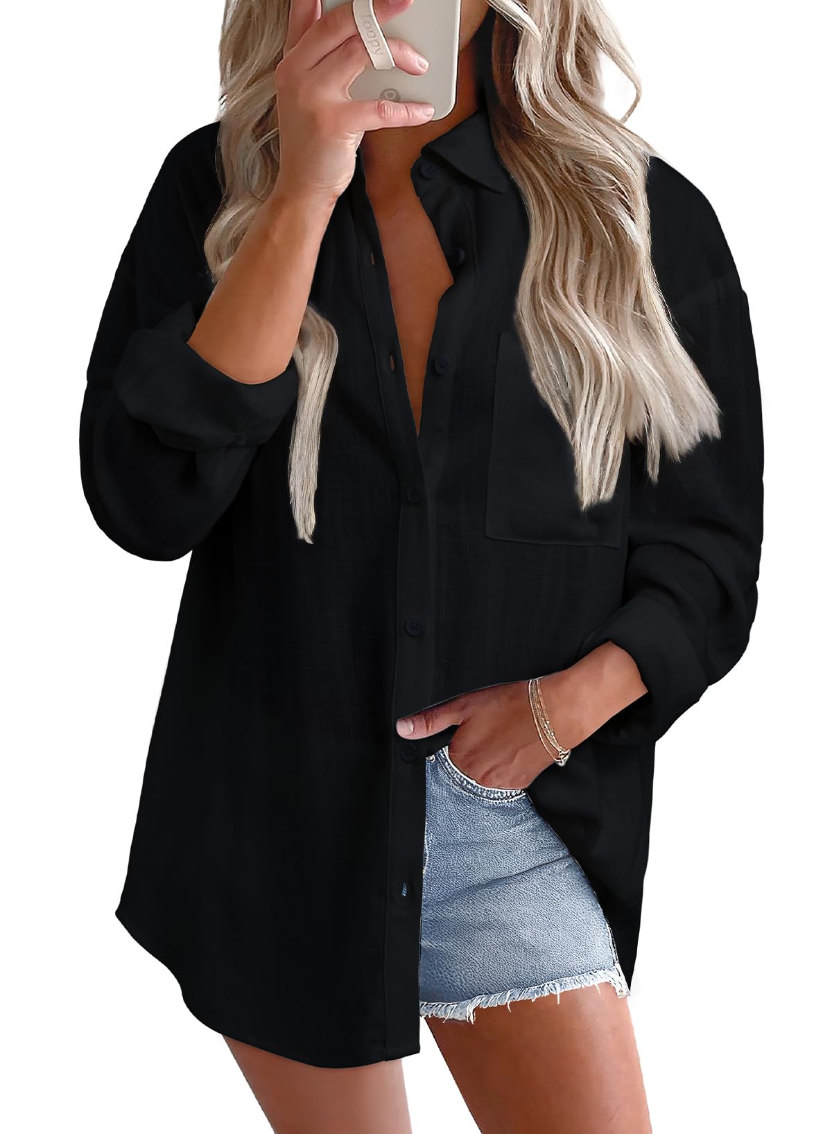 Astylish Women 2026 Loose Fit Tops Cotton Linen Button Down Shirts Collared Roll Up Long Sleeve V Neck Blouses