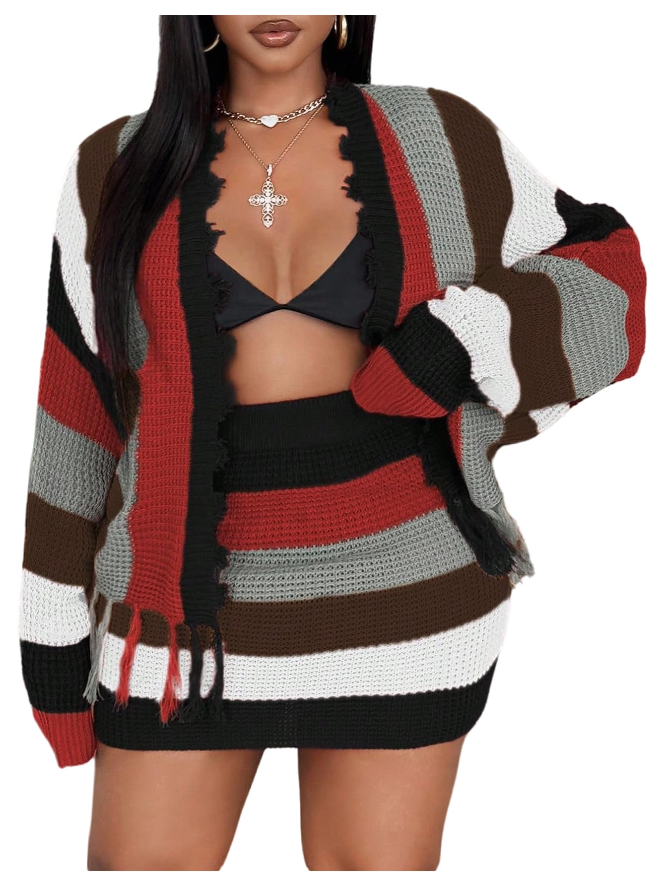 WDIRARA Women's Plus Size 2 Piece Outfits Colorblock Striped Open Front Fringe Cardigan Bodycon Mini Skirt Set