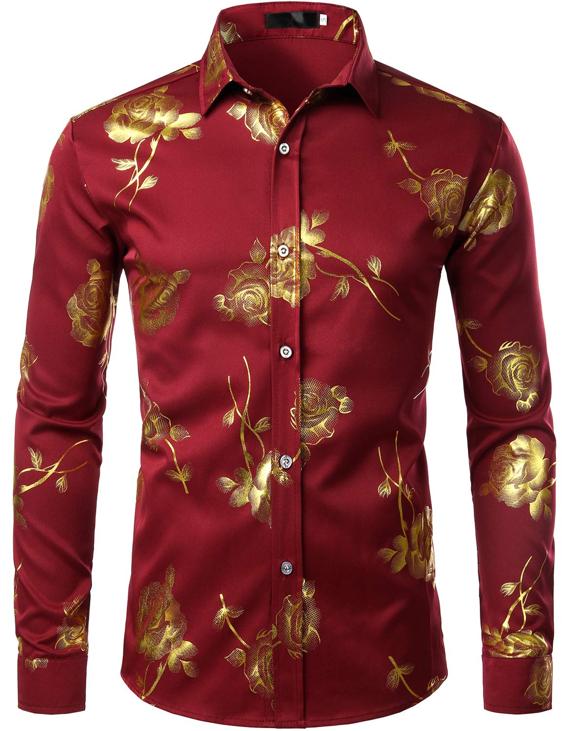 ZEROYAA Mens Hipster 3D Golden Rose Floral Printed Slim Fit Long Sleeve Button Down Dress Shirts