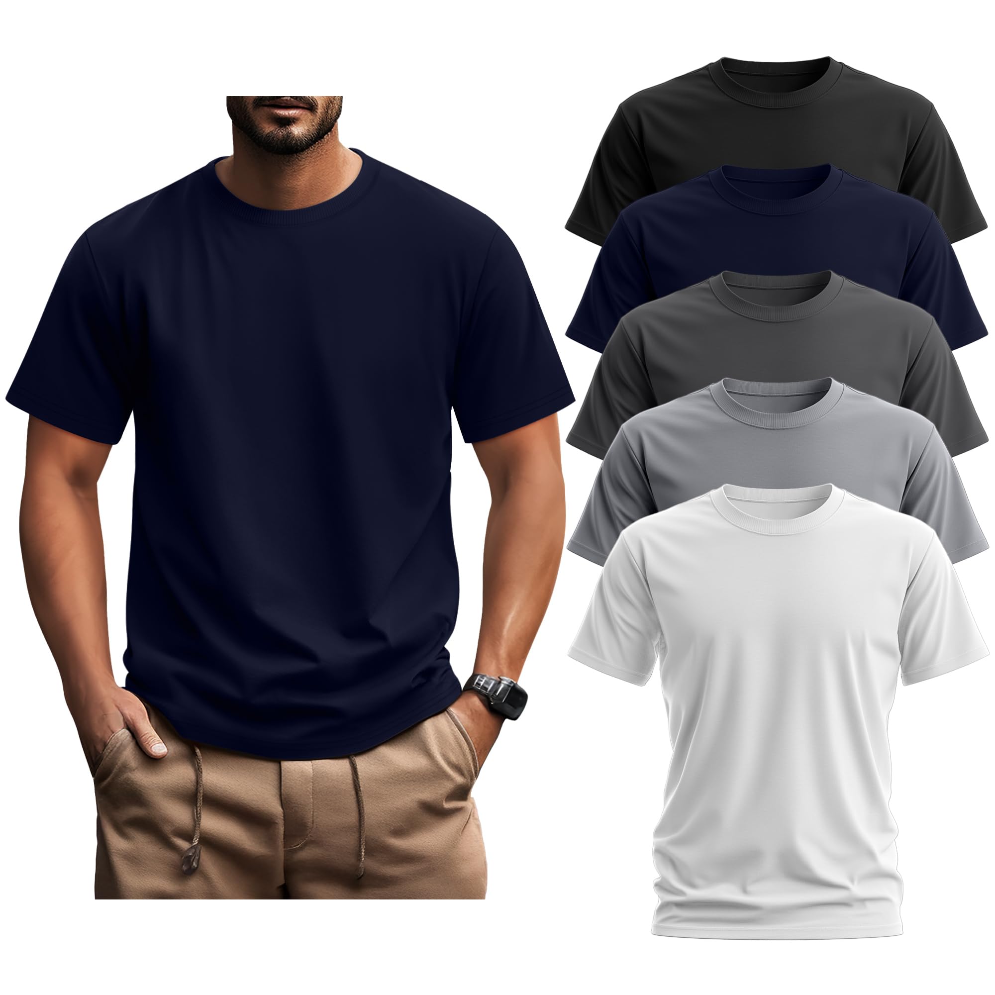 Ficerd 5 Pack Men's Big and Tall Shirts Short Sleeve Cotton Tee Summer Crew Neck Oversize Top Loose Fit Shirt Multipack