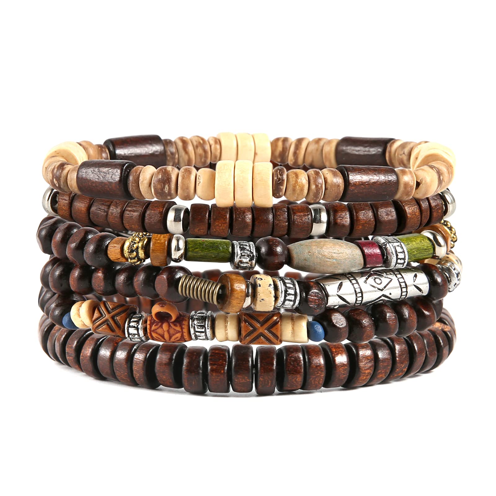 HZMAN Wrap Bracelets Men Women, Hemp Cords Wood Beads Ethnic Tribal Bracelets, Leather Wristbands