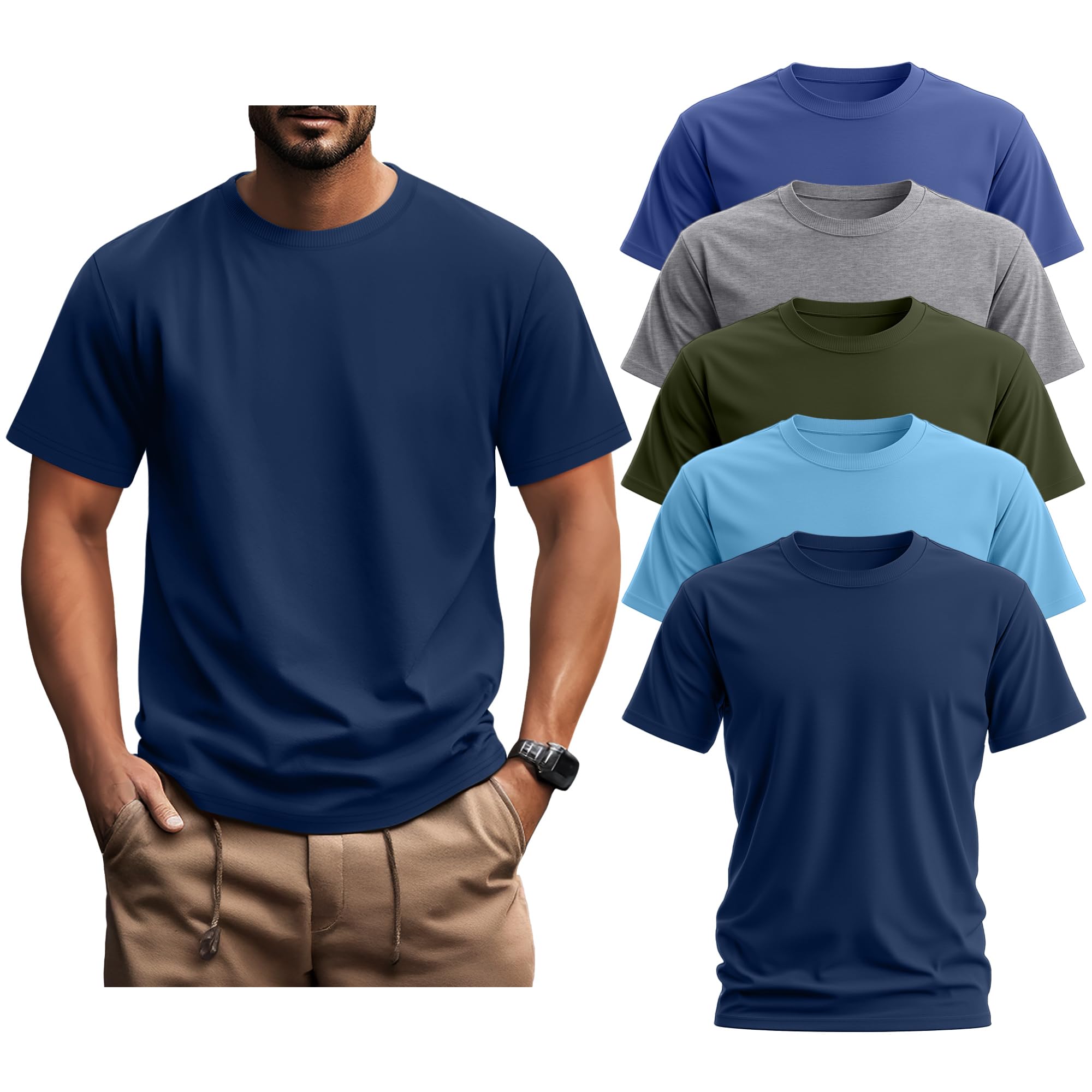 Ficerd 5 Pack Men's Big and Tall Shirts Short Sleeve Cotton Tee Summer Crew Neck Oversize Top Loose Fit Shirt Multipack