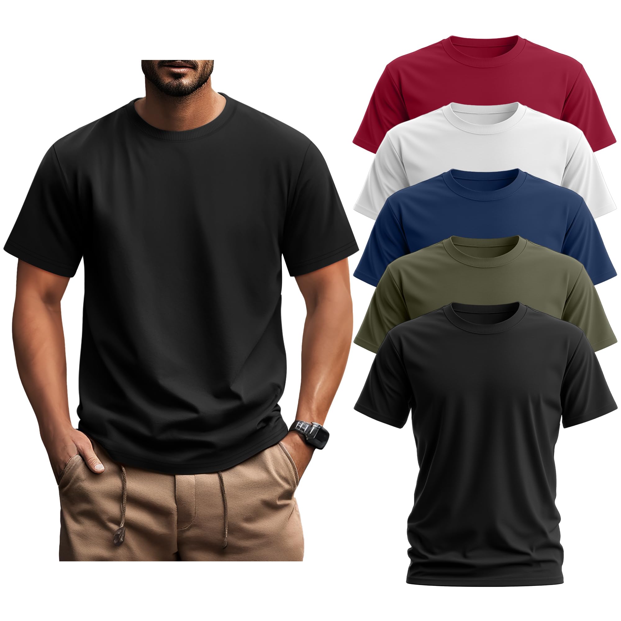 Ficerd 5 Pack Men's Big and Tall Shirts Short Sleeve Cotton Tee Summer Crew Neck Oversize Top Loose Fit Shirt Multipack