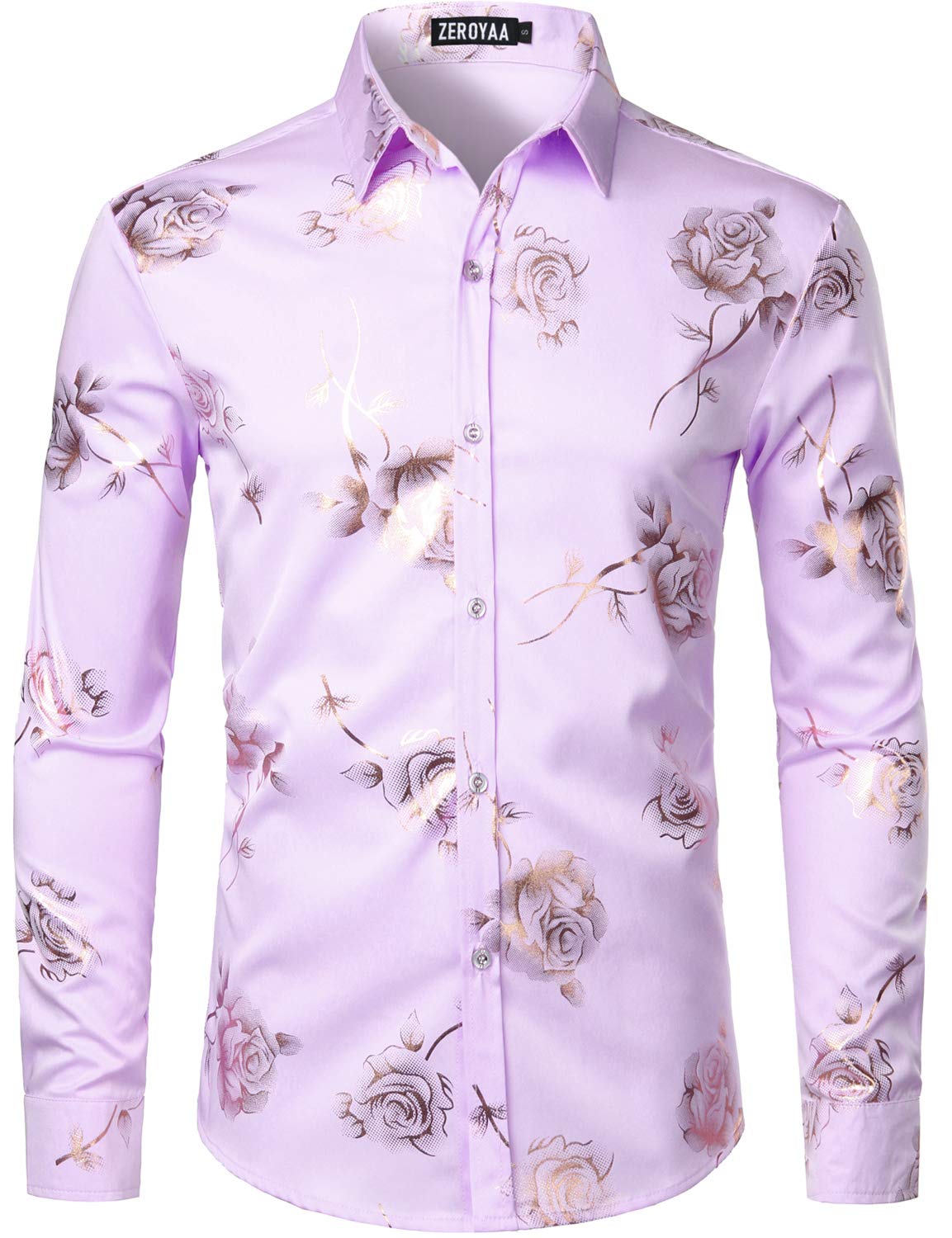 ZEROYAA Mens Hipster 3D Golden Rose Floral Printed Slim Fit Long Sleeve Button Down Dress Shirts