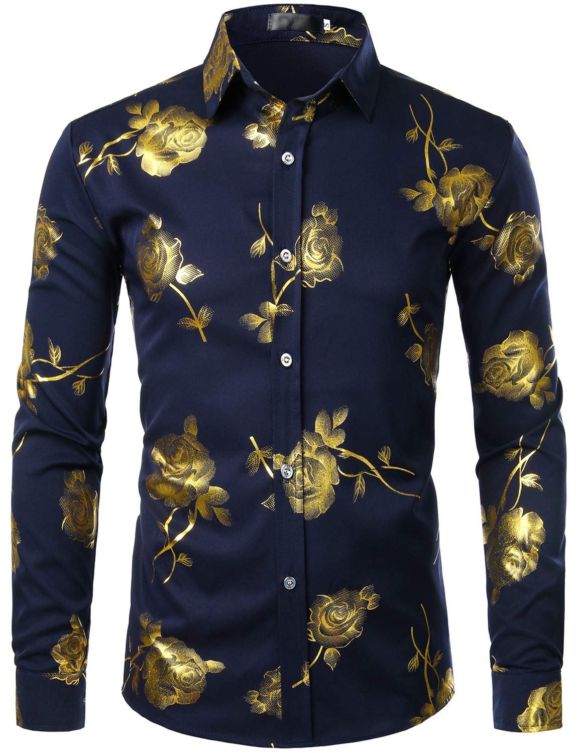ZEROYAA Mens Hipster 3D Golden Rose Floral Printed Slim Fit Long Sleeve Button Down Dress Shirts