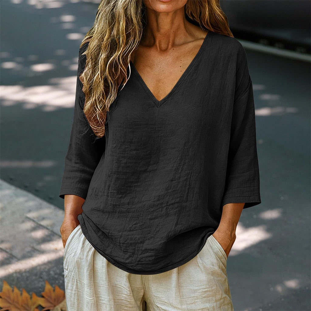 Linen Shirt Women 3/4 Sleeve Summer Casual V Neck Spring Tops Tunic Blouses Loose Fit Cotton Trendy Beach Vacation Clothes