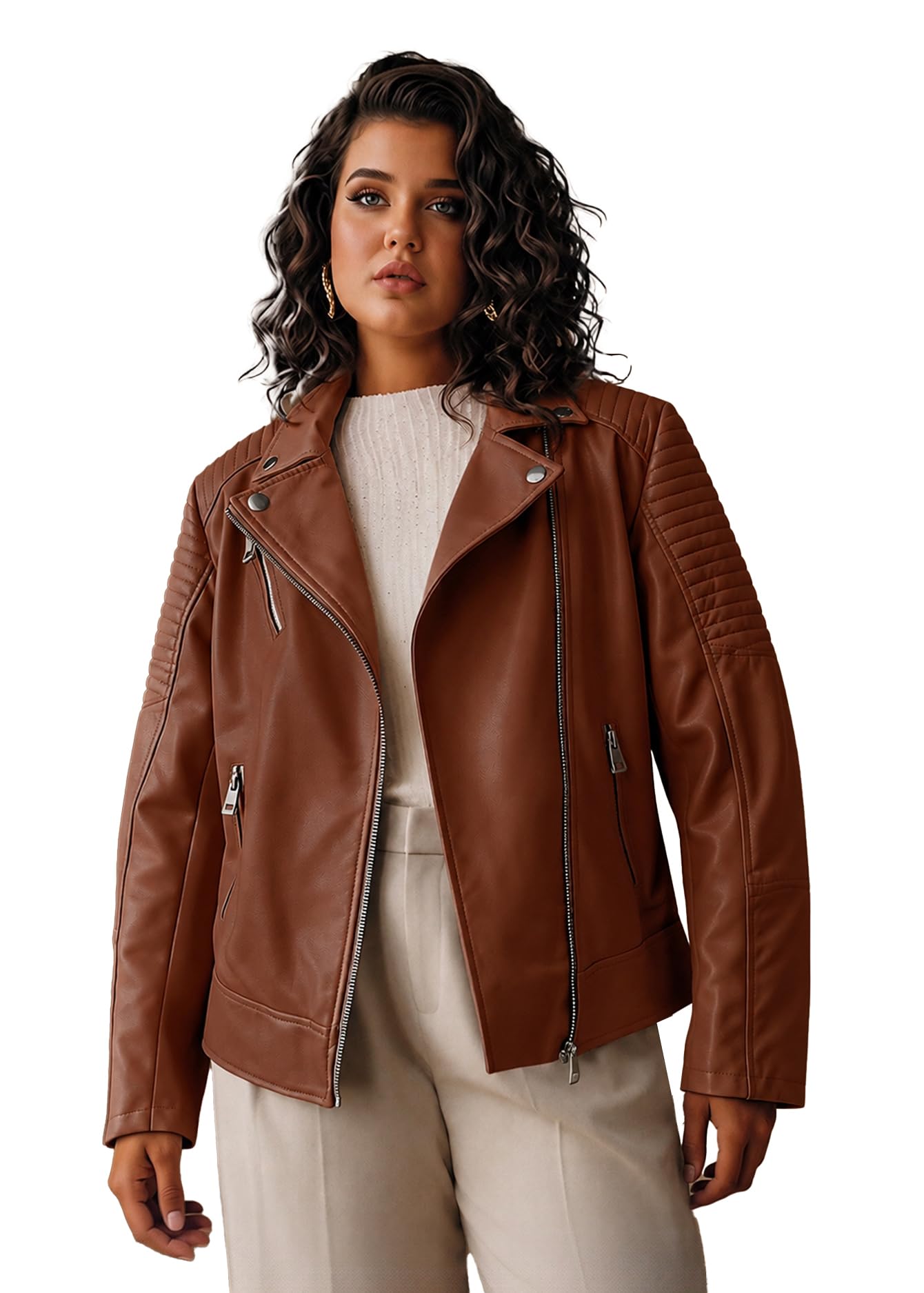Geschallino Women's Faux Leather Jacket Plus Size Fall Motorcycle Biker Clothes Outfits Short Fashion PU Coat (1X-5X)