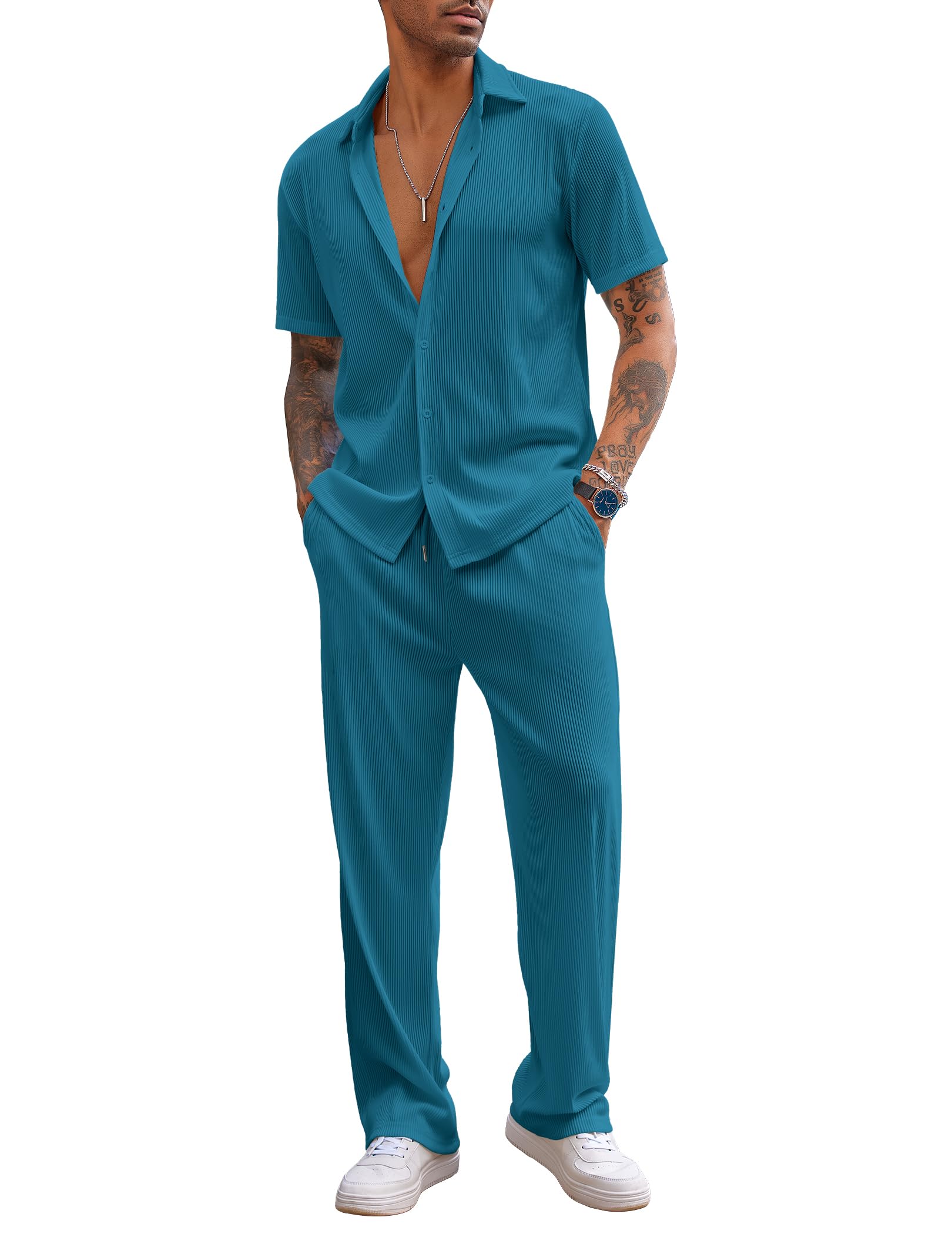 COOFANDY Men's 2 Piece Outfit Casual Short Sleeve Button Down Shirt Beach Summer Loose Pant Sets