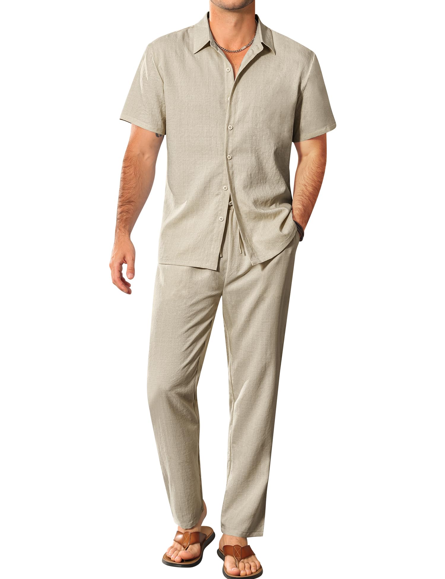 LecGee Mens 2 Piece Texture Outfit Casual Short Sleeve Button Down Shirt and Long Pants Linen Vacation Beach Sets